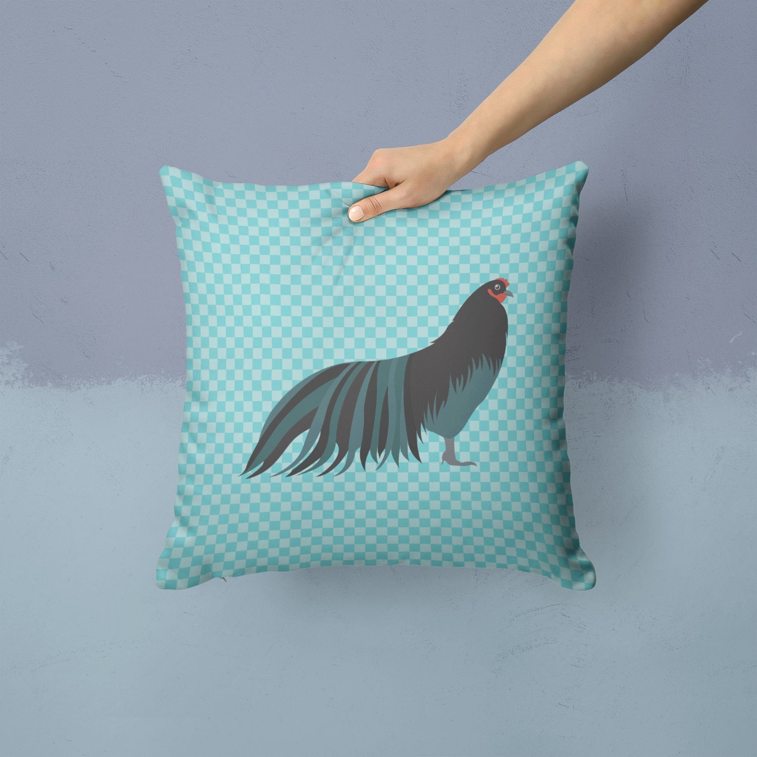 Sumatra Chicken Blue Check Decorative Throw Pillow 14x14 Indoor Outdoor Accent Cushion, Fabric Cover with Insert for Sofa, Bed, Porch & Living Room