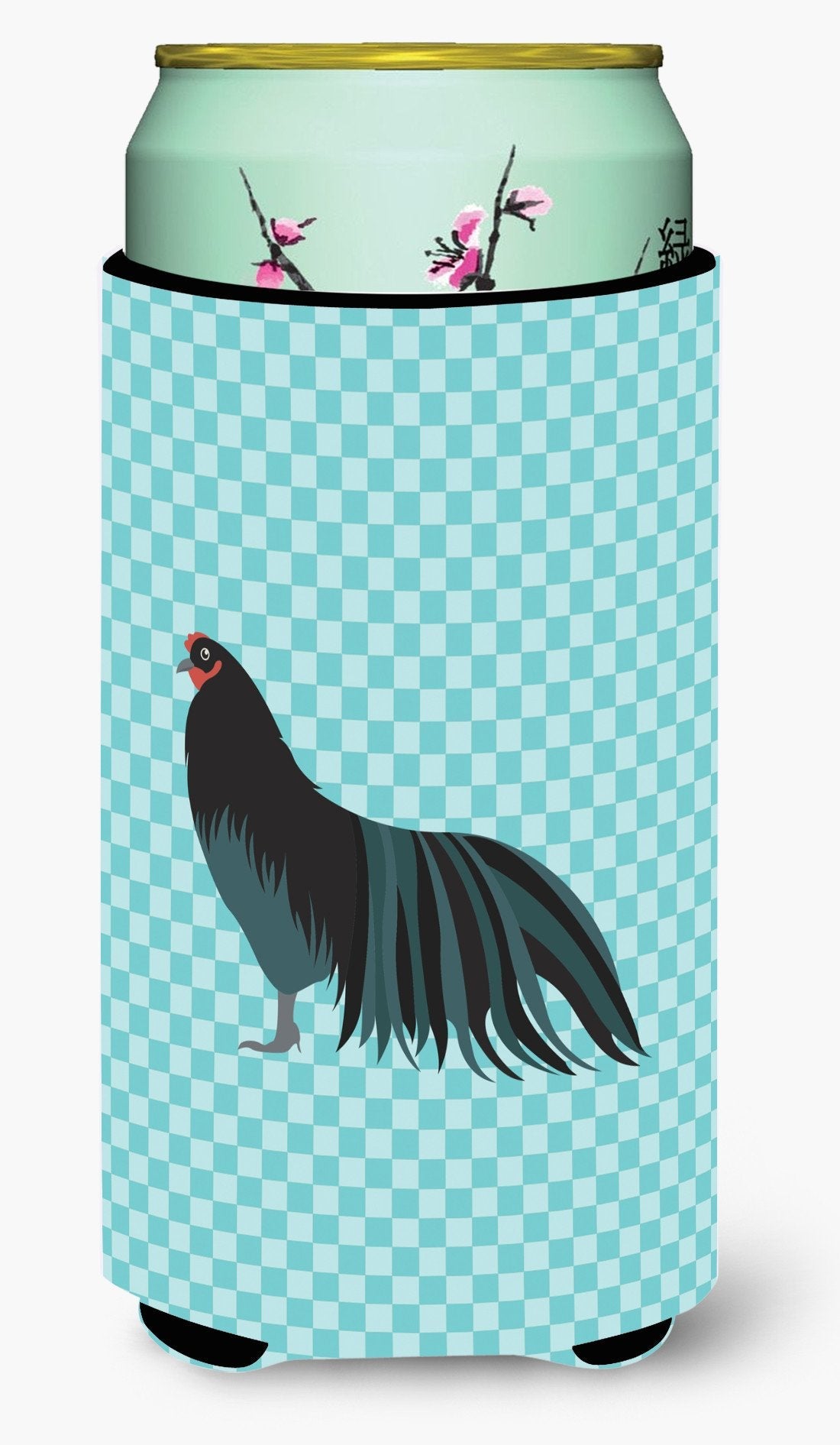 Sumatra Chicken Blue Check Tall Boy Hugger Can Cooler Sleeve Machine Washable Drink Collapsible Insulator Beverage Insulated Holder