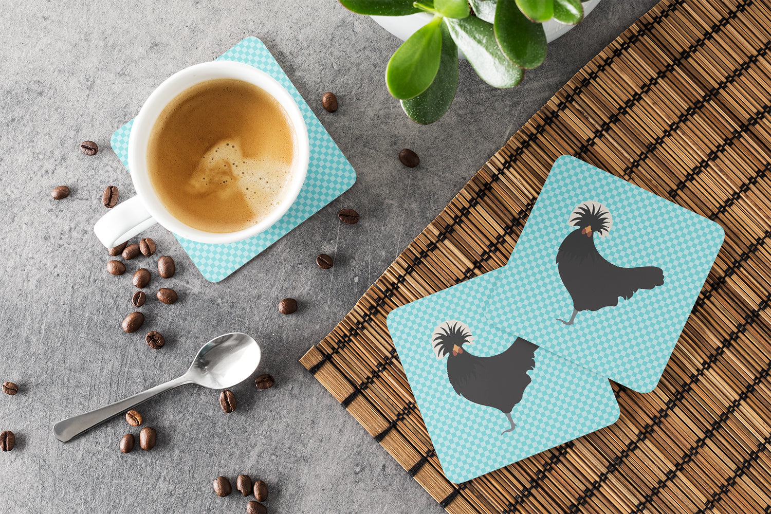 Polish Poland Chicken Blue Check Foam Coasters Set of 4 Cup Coasters for Indoor Outdoor, Tabletop Protection, Anti Slip, Mouse pad Material
