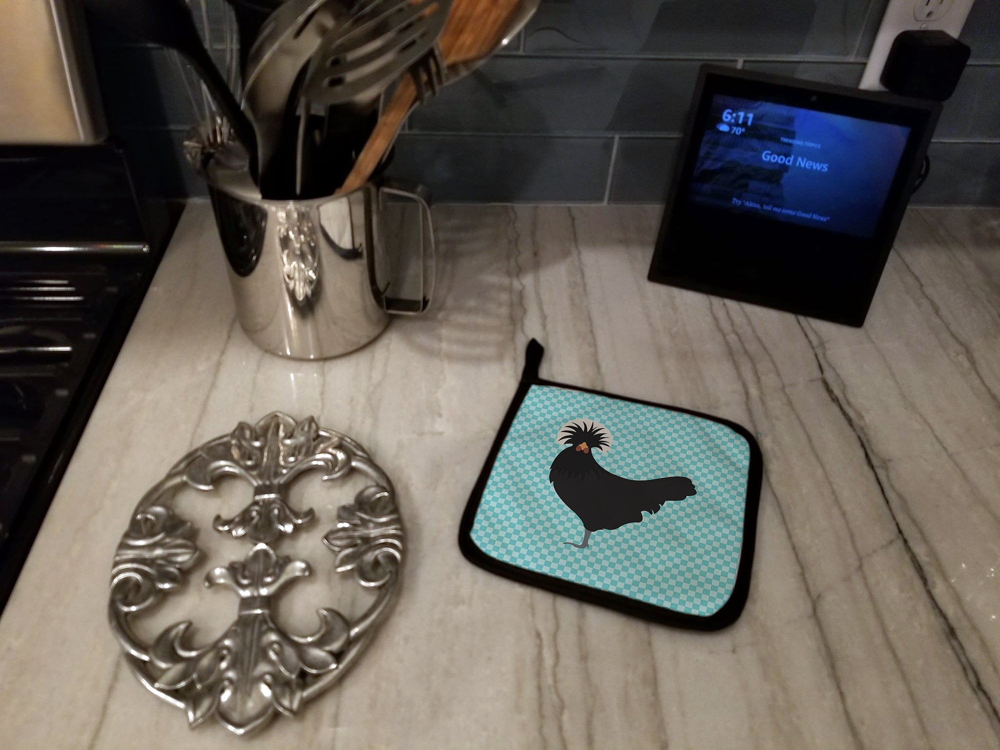 Polish Poland Chicken Blue Check Pot Holder Set of 2 Heat Resistant Quilted Hot Pads 7.5 x 7.5 Inch, Insulated Kitchen Trivets for Cooking & Baking