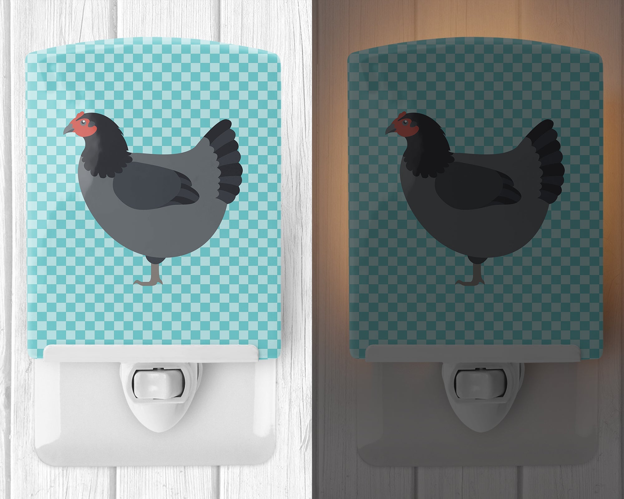 Jersey Giant Chicken Blue Check Ceramic Night Light Compact, UL-Certified, Ideal for Bedroom, Bathroom, Nursery, Hallway, Kitchen, 6x4x3, Multicolor