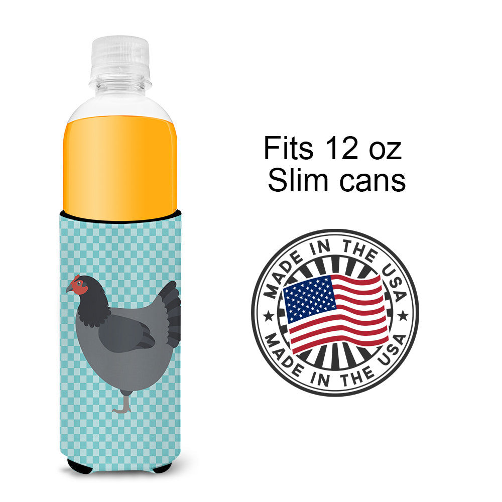 Jersey Giant Chicken Blue Check Slim Can Hugger , Insulated Foam Hugger for 12 oz Slim Cans, Beer Bottles & Water Bottles, Printed in USA