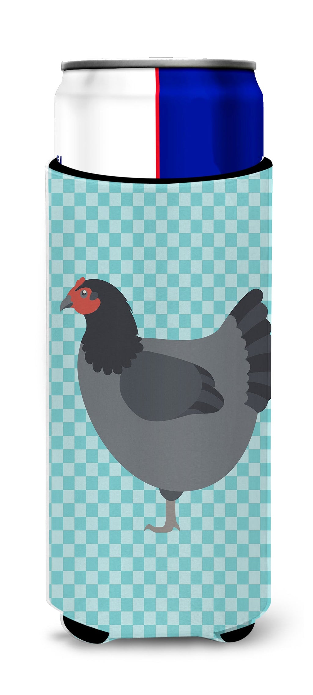 Jersey Giant Chicken Blue Check Slim Can Hugger , Insulated Foam Hugger for 12 oz Slim Cans, Beer Bottles & Water Bottles, Printed in USA