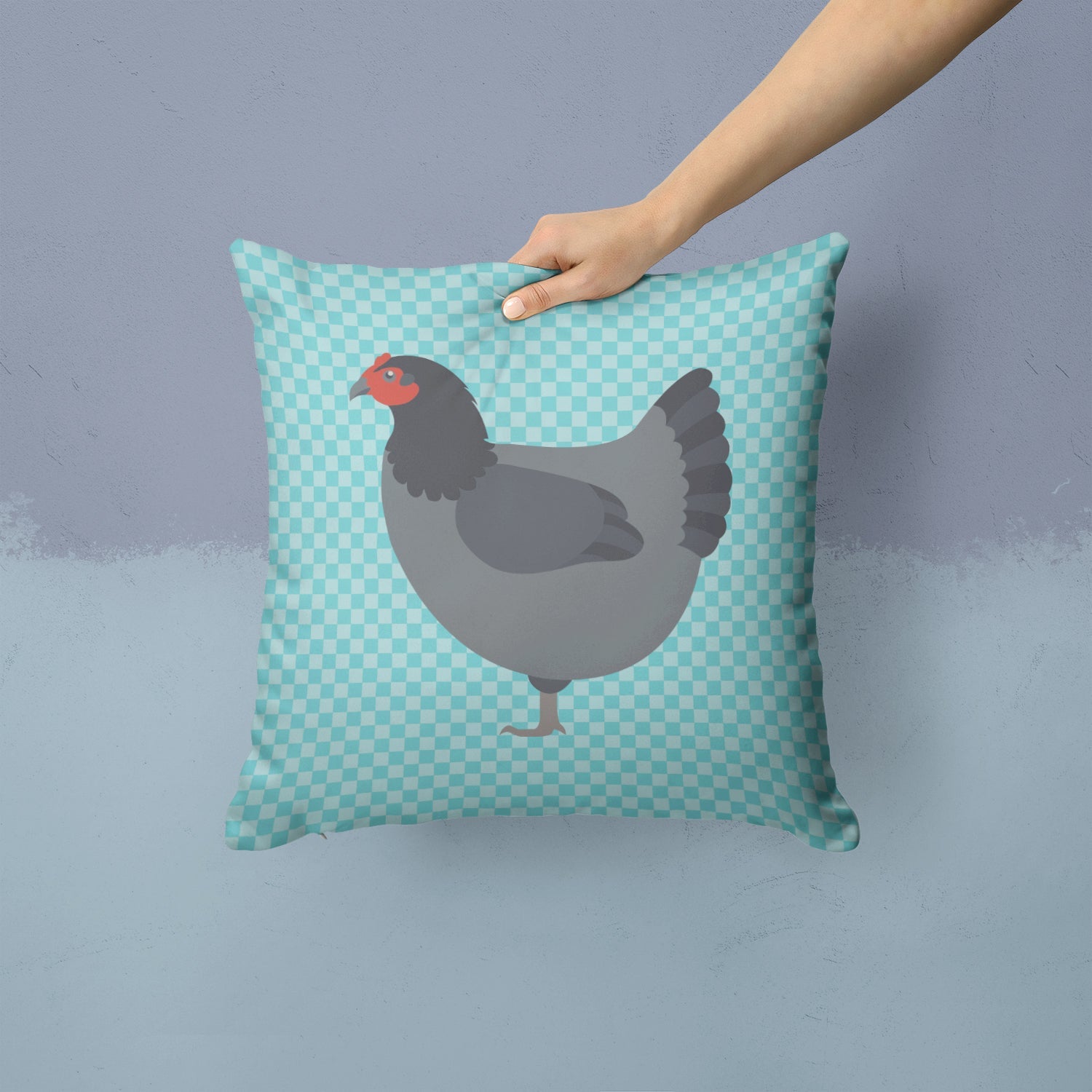 Jersey Giant Chicken Blue Check Decorative Throw Pillow 14x14 Indoor Outdoor Accent Cushion, Fabric Cover with Insert for Sofa, Bed, Porch & Living Room