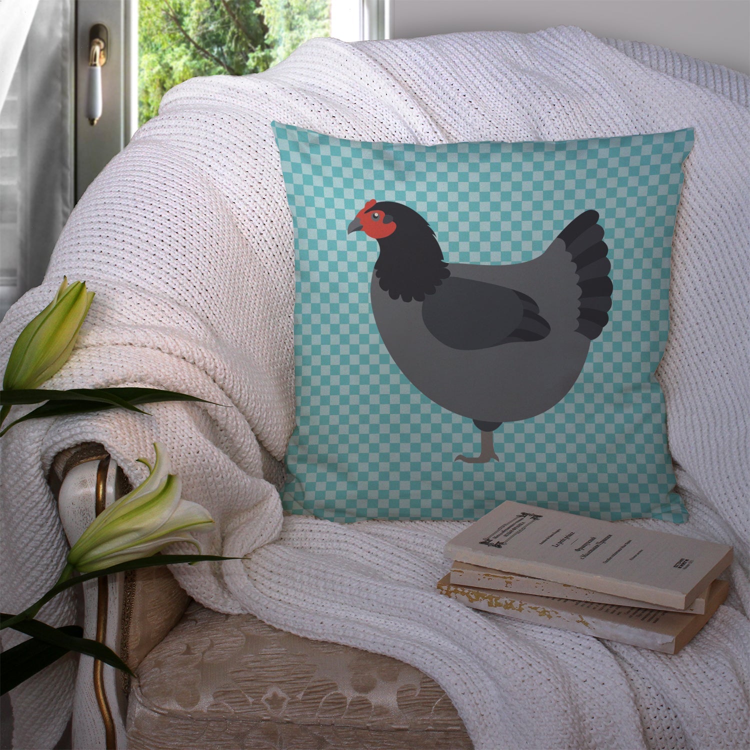 Jersey Giant Chicken Blue Check Decorative Throw Pillow 14x14 Indoor Outdoor Accent Cushion, Fabric Cover with Insert for Sofa, Bed, Porch & Living Room