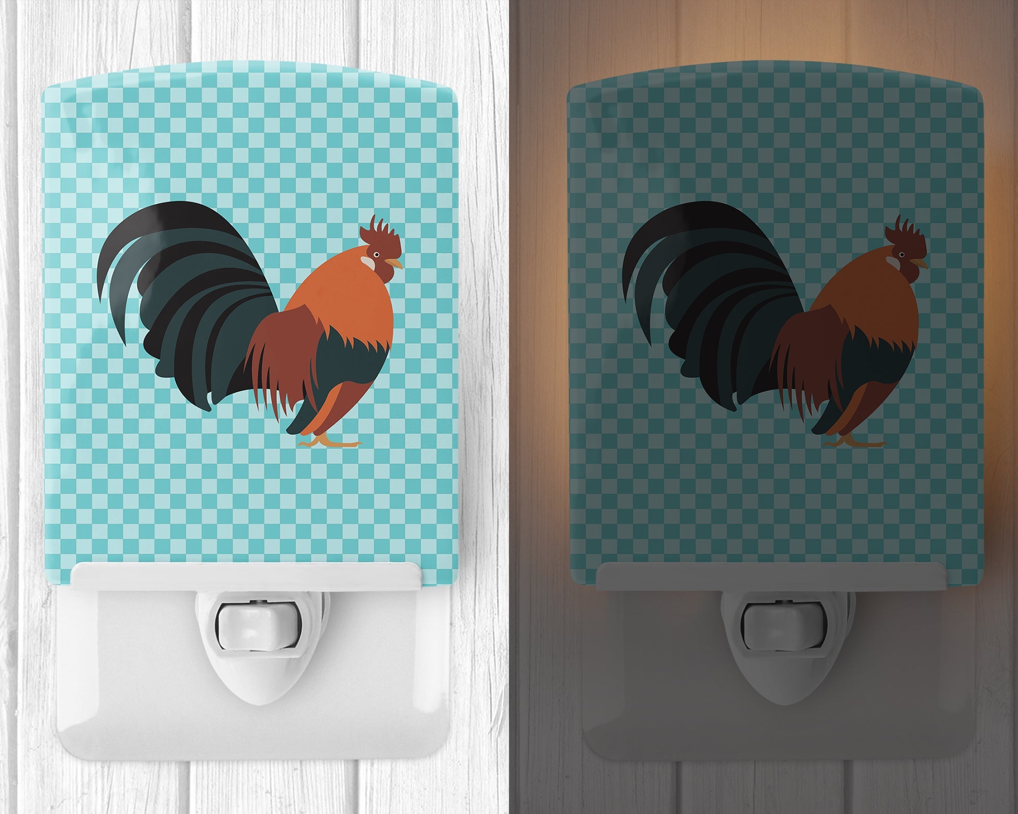 Dutch Bantam Chicken Blue Check Ceramic Night Light Compact, UL-Certified, Ideal for Bedroom, Bathroom, Nursery, Hallway, Kitchen, 6x4x3, Multicolor