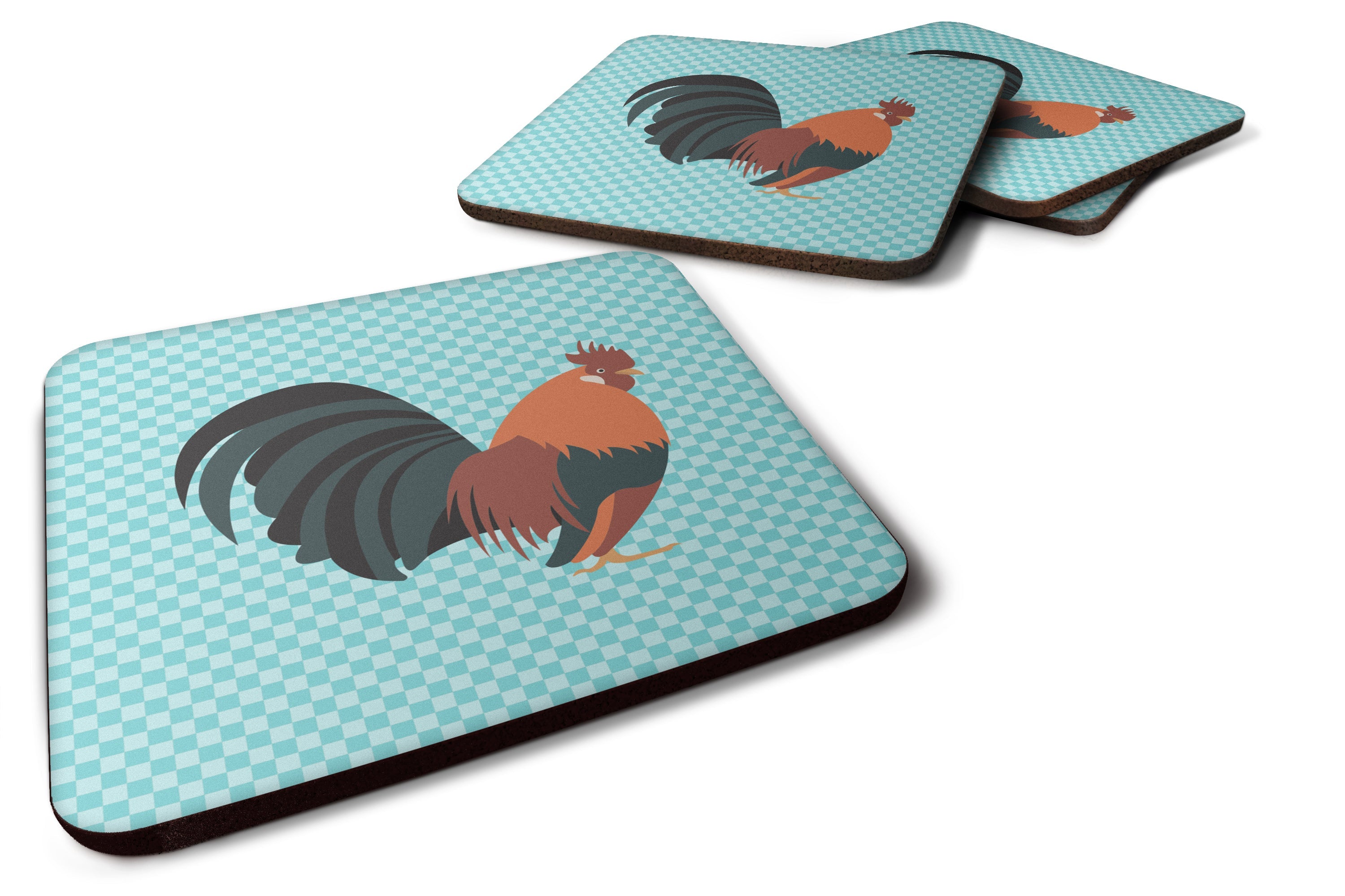 Dutch Bantam Chicken Blue Check Foam Coasters Set of 4 Cup Coasters for Indoor Outdoor, Tabletop Protection, Anti Slip, Mouse pad Material