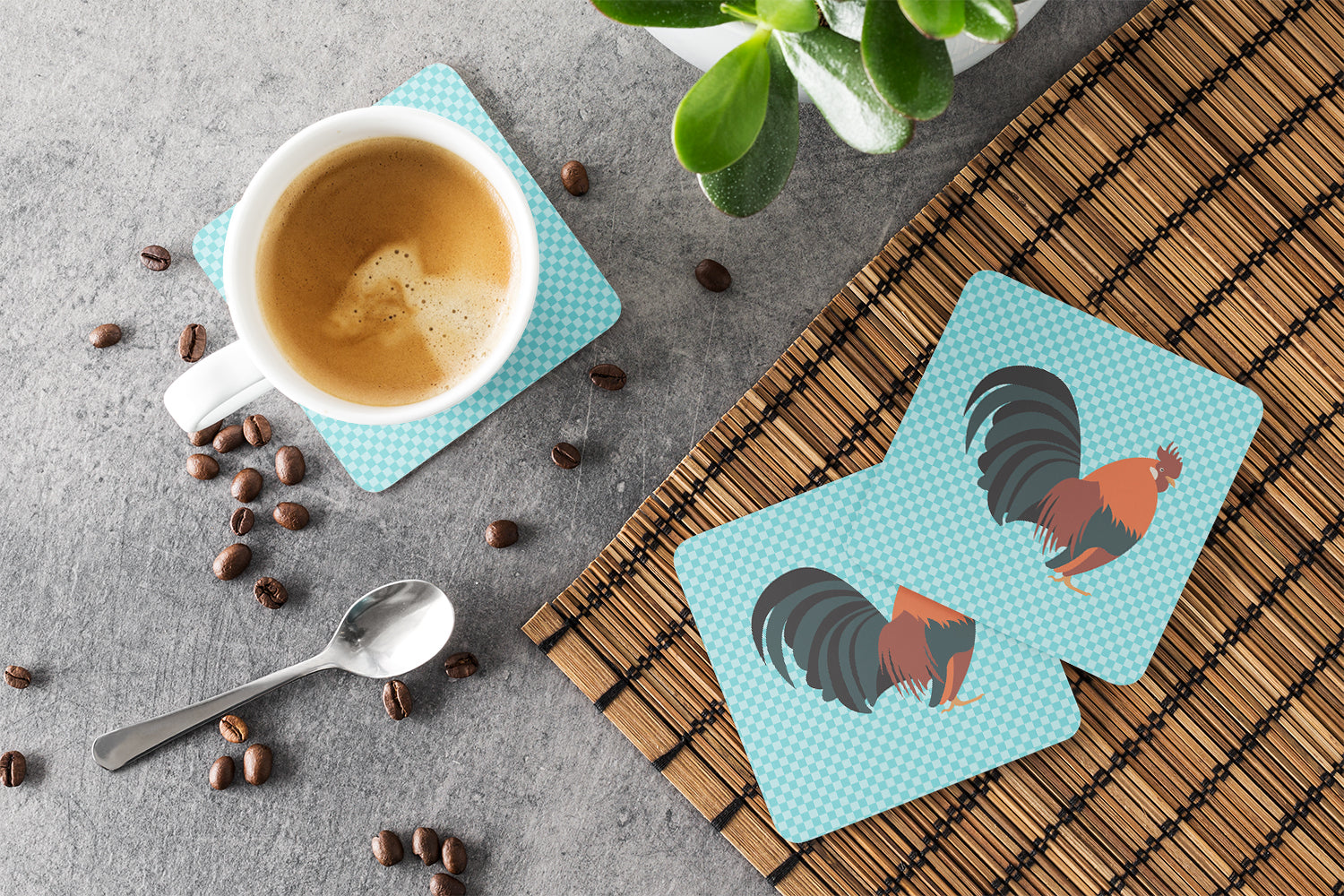 Dutch Bantam Chicken Blue Check Foam Coasters Set of 4 Cup Coasters for Indoor Outdoor, Tabletop Protection, Anti Slip, Mouse pad Material