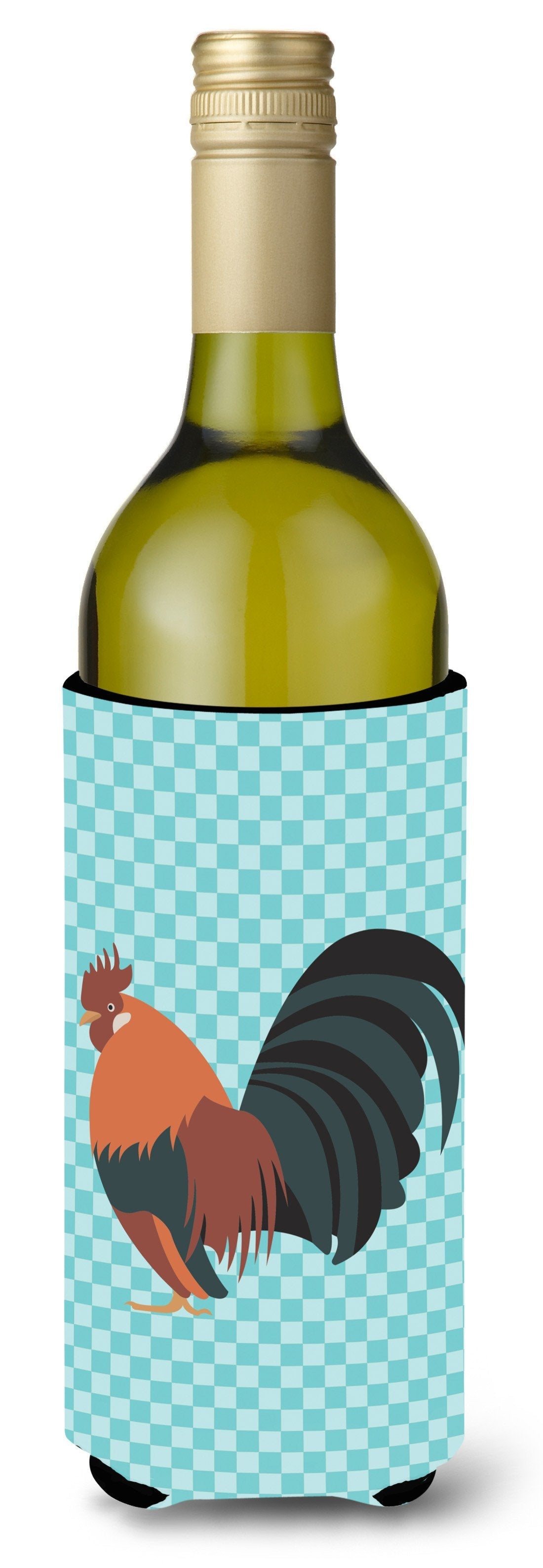 Dutch Bantam Chicken Blue Check Wine Bottle Hugger Gift Sleeve for Standard 750 ml Bottles, Insulated Reusable Also Fits Mini Shot & Pint Bottles