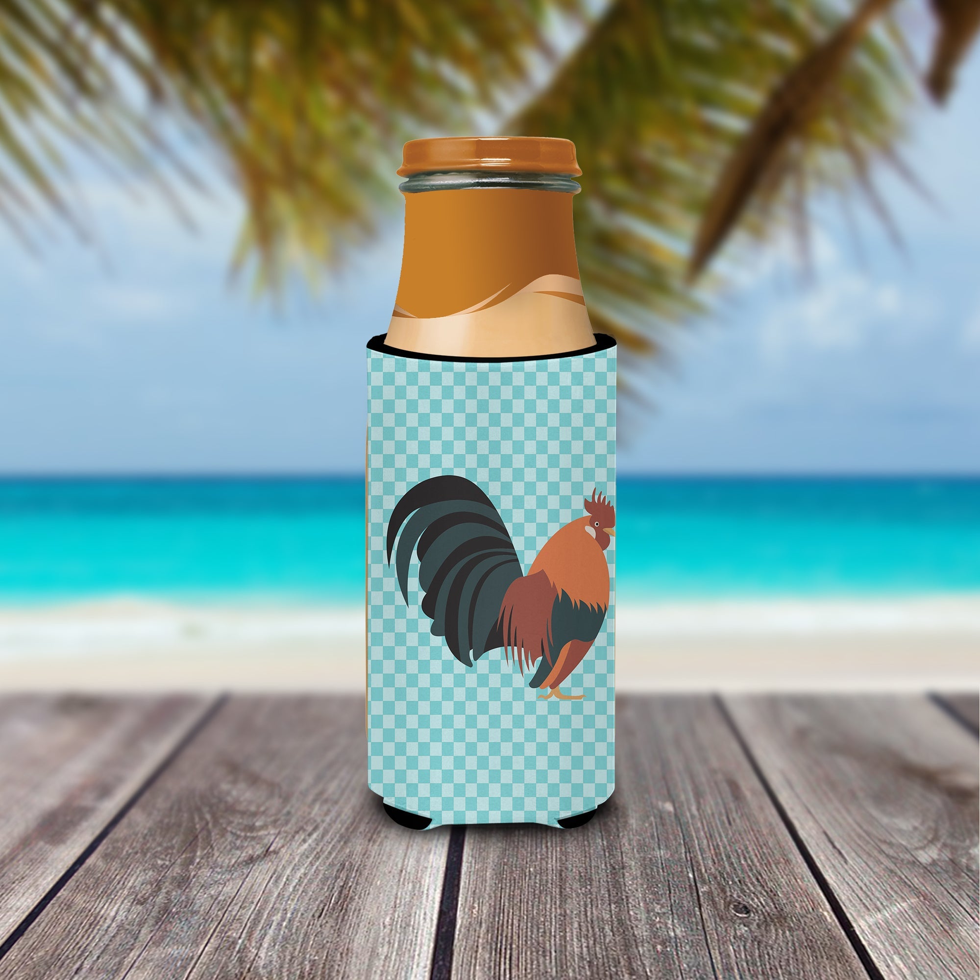 Dutch Bantam Chicken Blue Check Slim Can Hugger , Insulated Foam Hugger for 12 oz Slim Cans, Beer Bottles & Water Bottles, Printed in USA