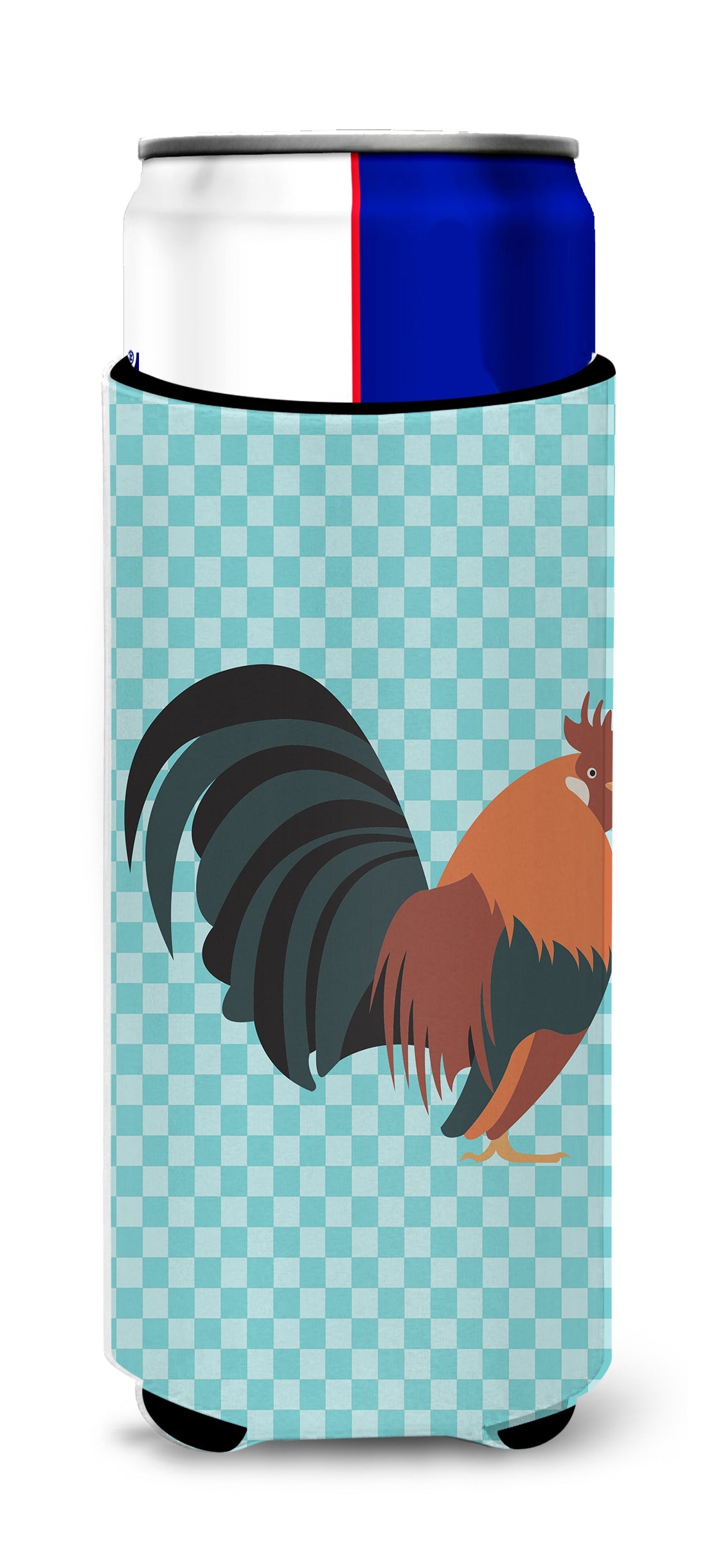Dutch Bantam Chicken Blue Check Slim Can Hugger , Insulated Foam Hugger for 12 oz Slim Cans, Beer Bottles & Water Bottles, Printed in USA