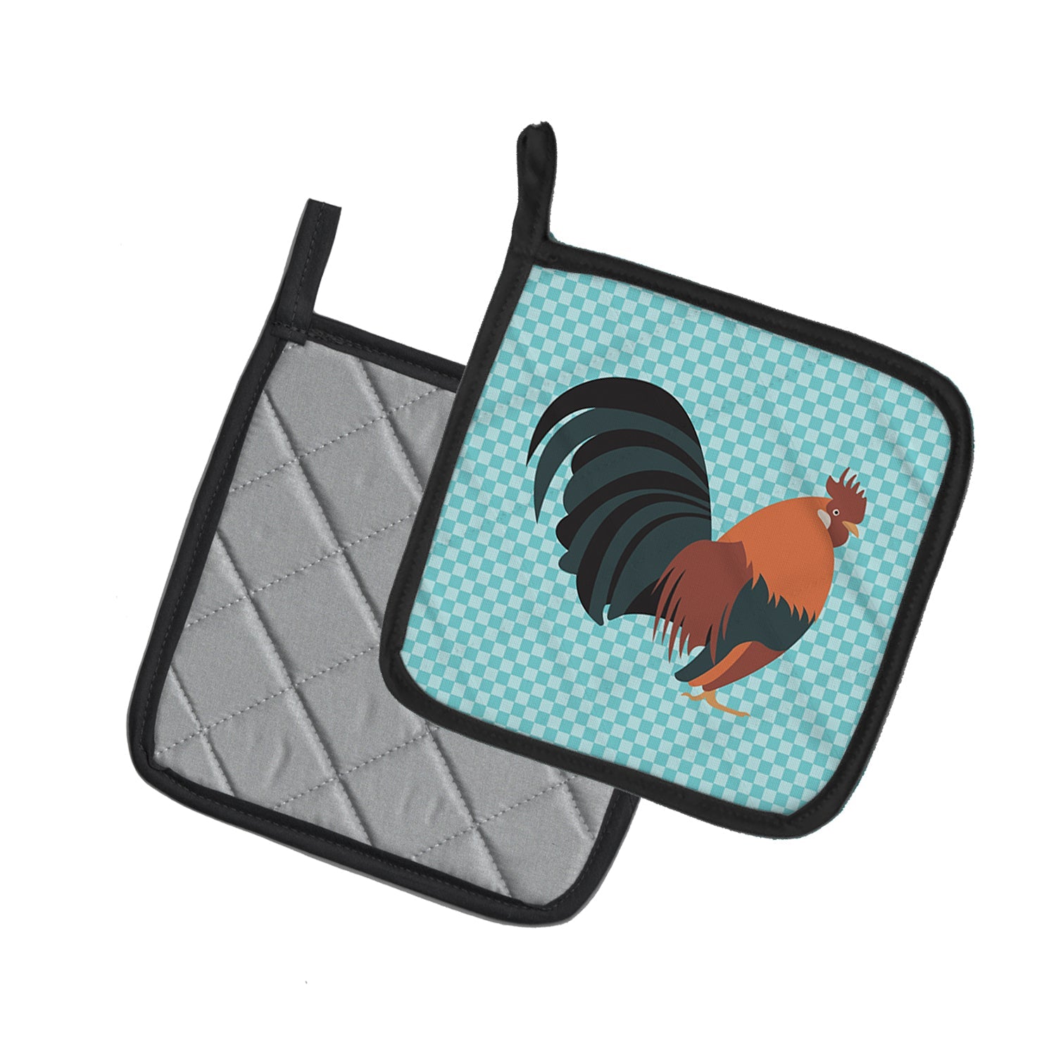 Dutch Bantam Chicken Blue Check Pot Holder Set of 2 Heat Resistant Quilted Hot Pads 7.5 x 7.5 Inch, Insulated Kitchen Trivets for Cooking & Baking