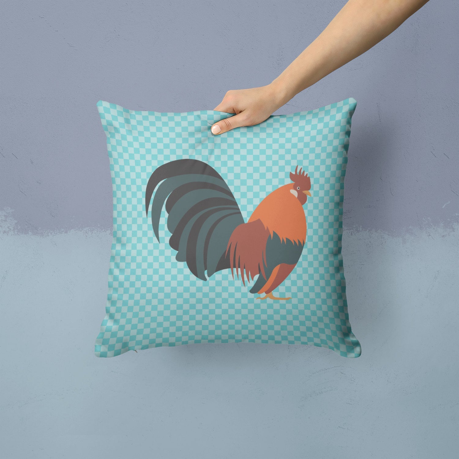 Dutch Bantam Chicken Blue Check Decorative Throw Pillow 14x14 Indoor Outdoor Accent Cushion, Fabric Cover with Insert for Sofa, Bed, Porch & Living Room