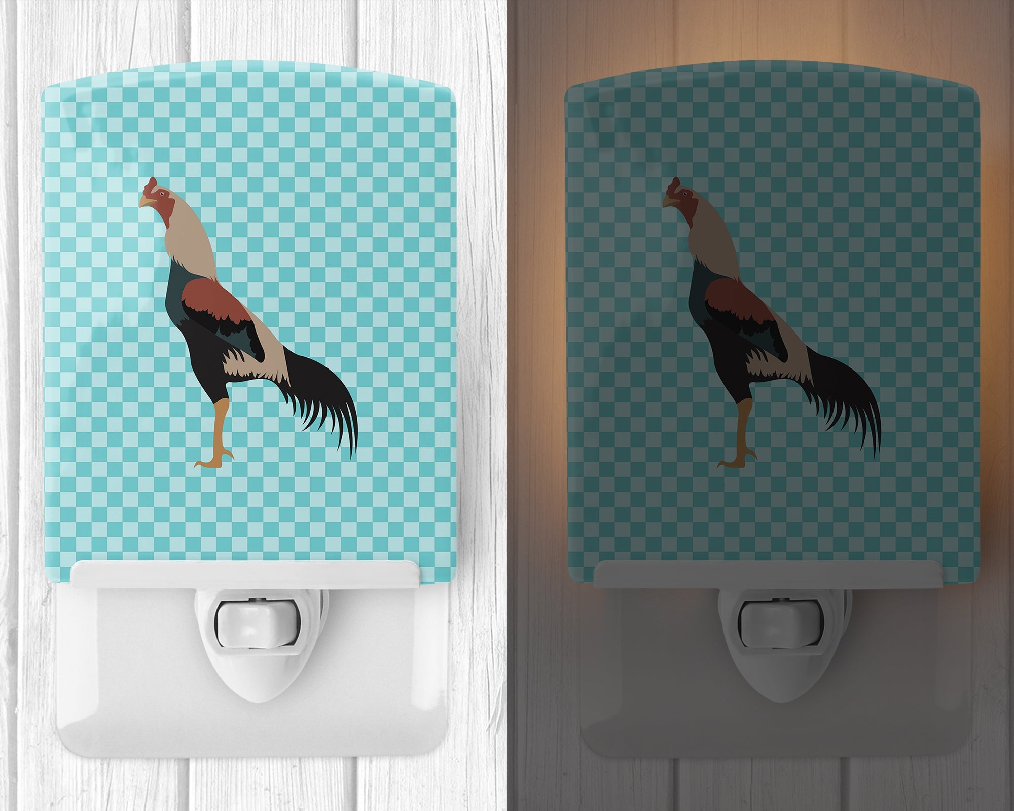 Kulang Chicken Blue Check Ceramic Night Light Compact, UL-Certified, Ideal for Bedroom, Bathroom, Nursery, Hallway, Kitchen, 6x4x3, Multicolor