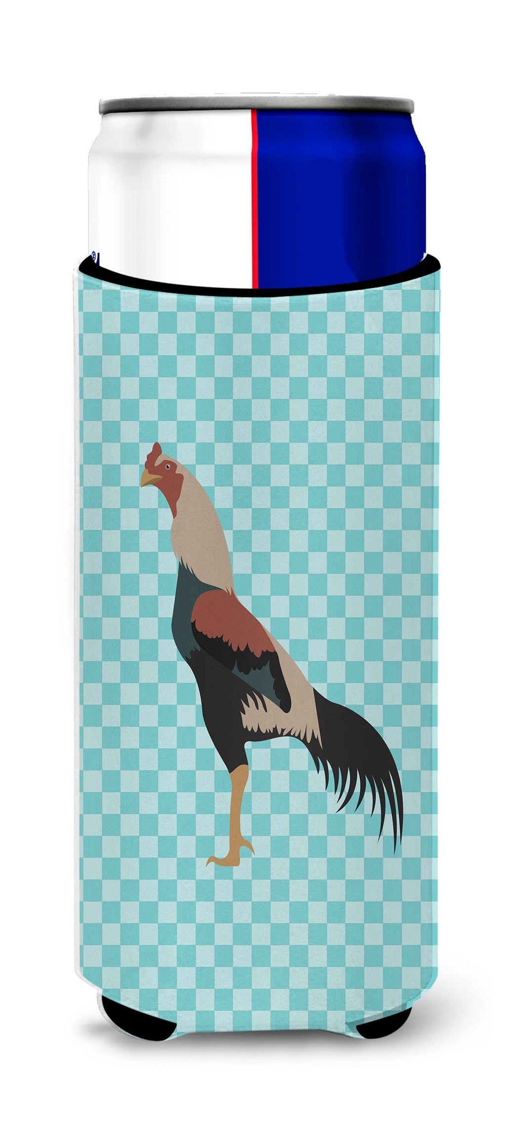 Kulang Chicken Blue Check Slim Can Hugger , Insulated Foam Hugger for 12 oz Slim Cans, Beer Bottles & Water Bottles, Printed in USA