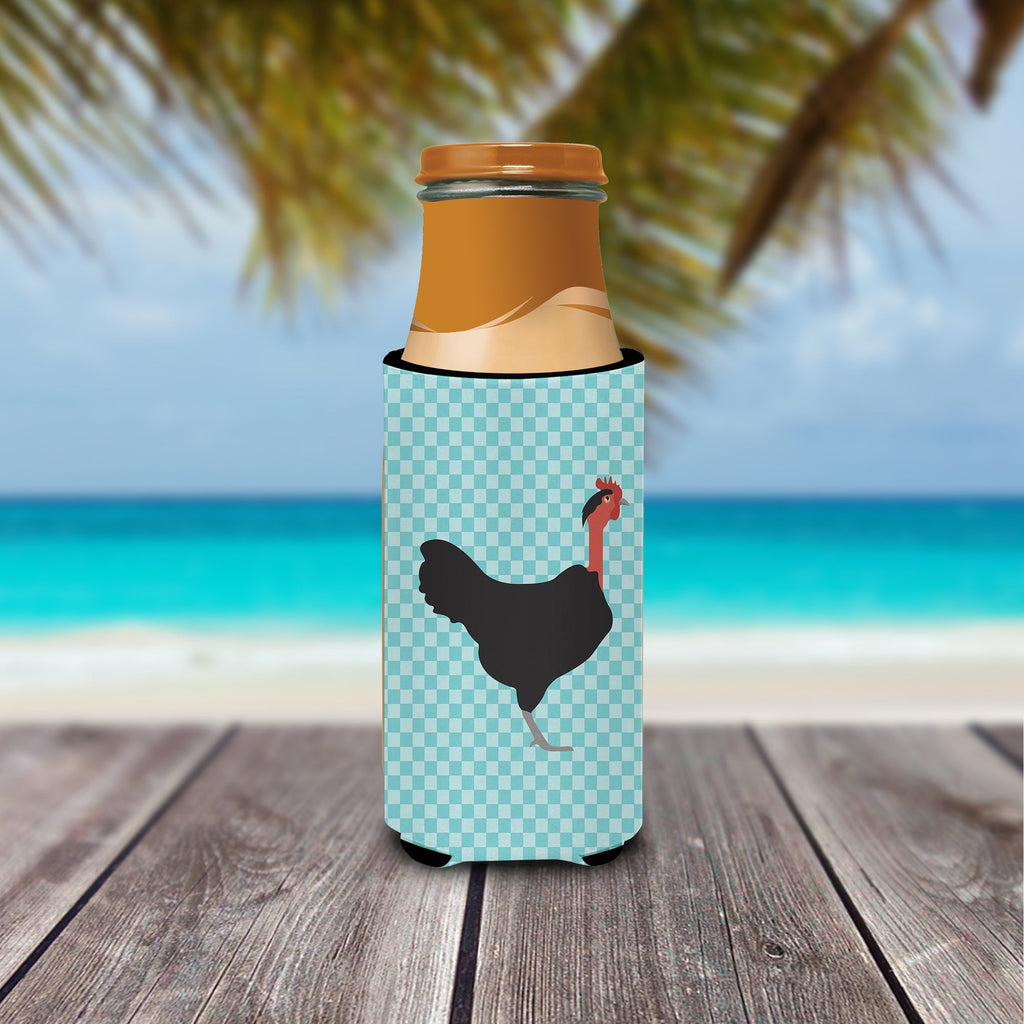 Naked Neck Chicken Blue Check Slim Can Hugger , Insulated Foam Hugger for 12 oz Slim Cans, Beer Bottles & Water Bottles, Printed in USA
