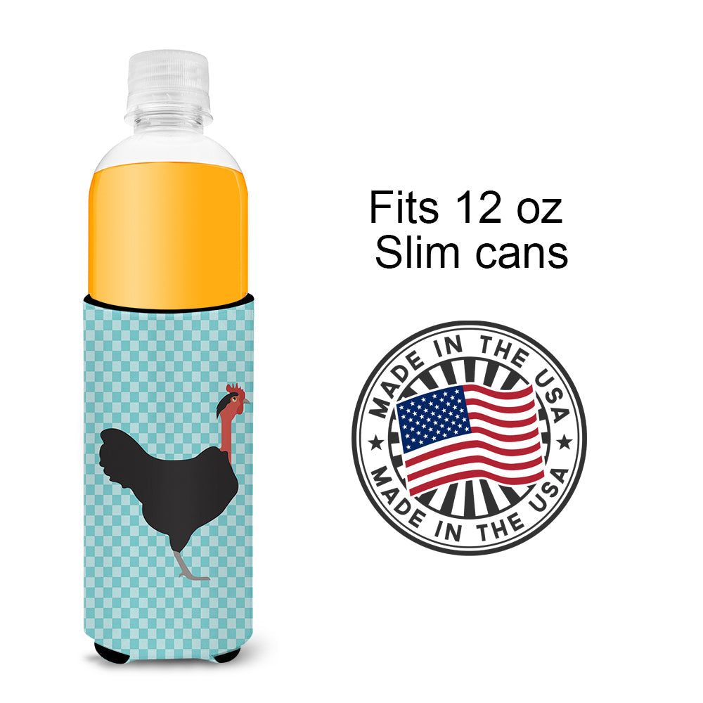 Naked Neck Chicken Blue Check Slim Can Hugger , Insulated Foam Hugger for 12 oz Slim Cans, Beer Bottles & Water Bottles, Printed in USA