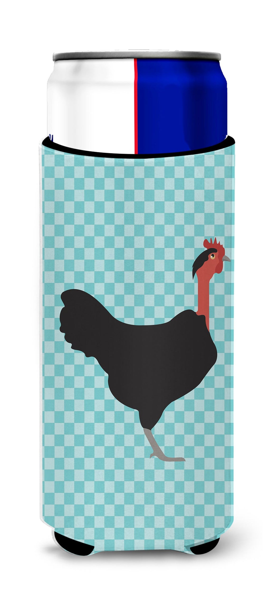 Naked Neck Chicken Blue Check Slim Can Hugger , Insulated Foam Hugger for 12 oz Slim Cans, Beer Bottles & Water Bottles, Printed in USA