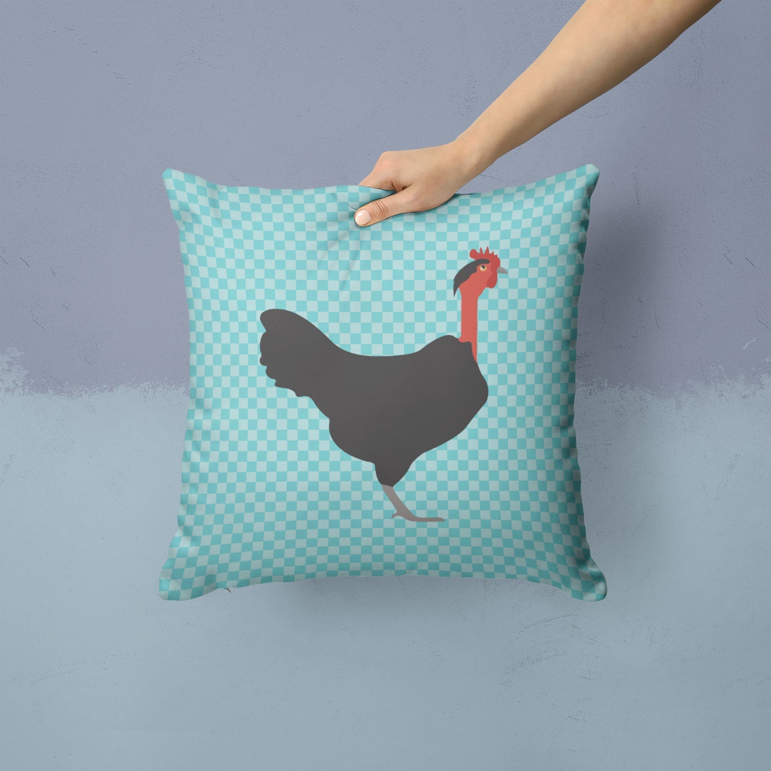 Naked Neck Chicken Blue Check Decorative Throw Pillow 14x14 Indoor Outdoor Accent Cushion, Fabric Cover with Insert for Sofa, Bed, Porch & Living Room