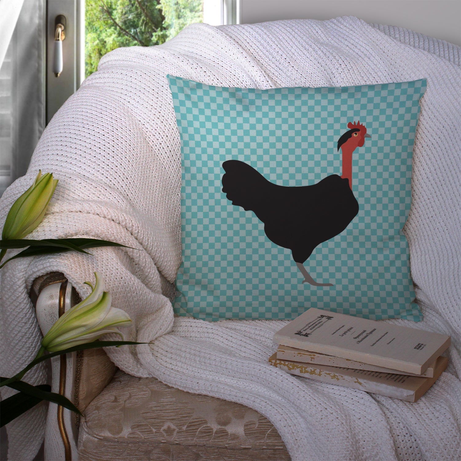 Naked Neck Chicken Blue Check Decorative Throw Pillow 14x14 Indoor Outdoor Accent Cushion, Fabric Cover with Insert for Sofa, Bed, Porch & Living Room