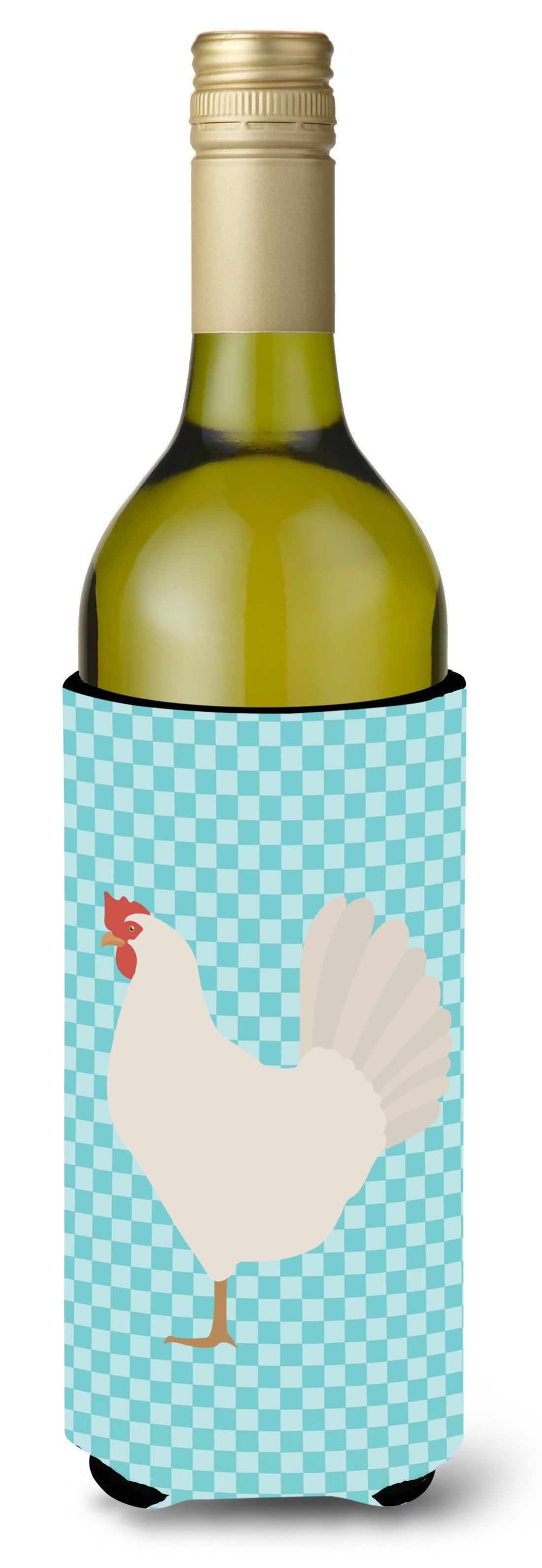 Leghorn Chicken Blue Check Wine Bottle Hugger Gift Sleeve for Standard 750 ml Bottles, Insulated Reusable Also Fits Mini Shot & Pint Bottles