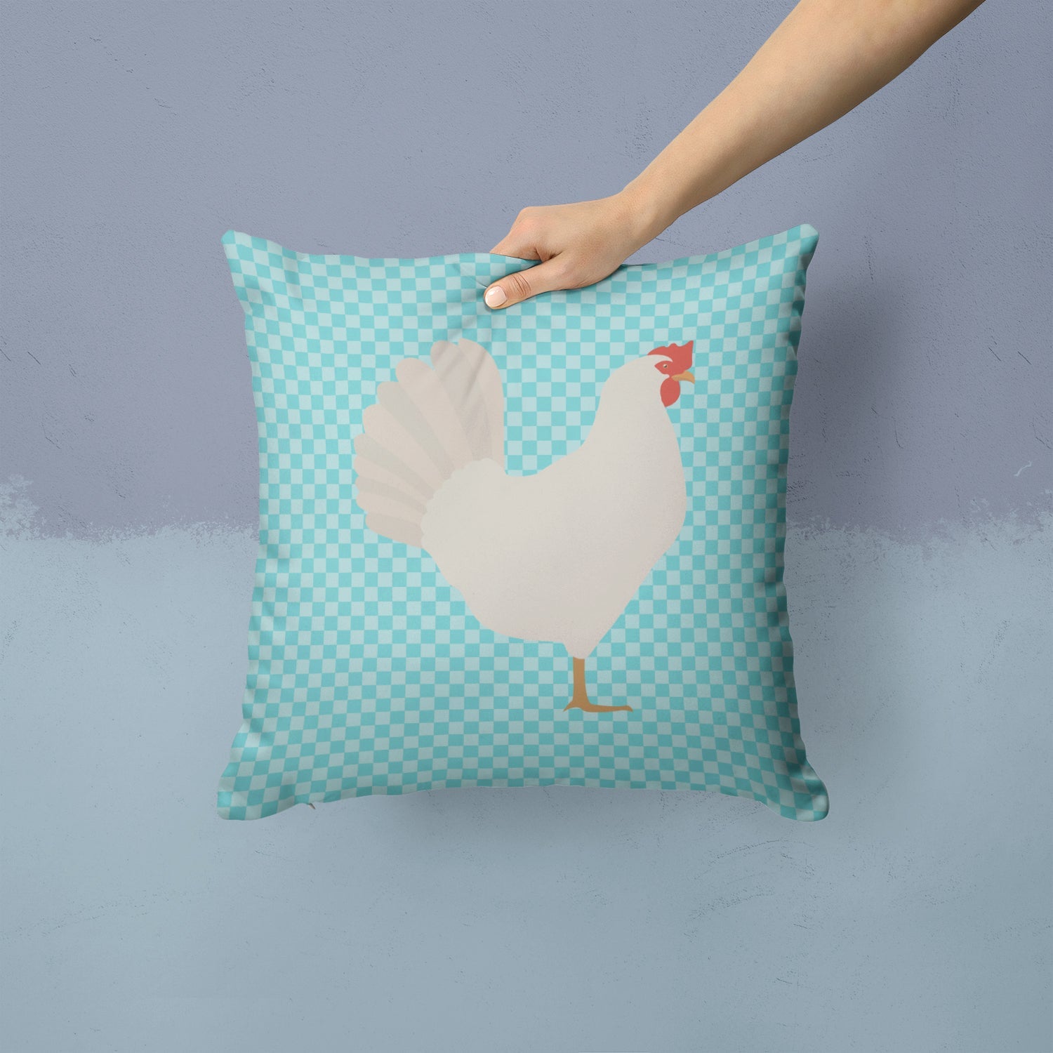 Leghorn Chicken Blue Check Decorative Throw Pillow 14x14 Indoor Outdoor Accent Cushion, Fabric Cover with Insert for Sofa, Bed, Porch & Living Room