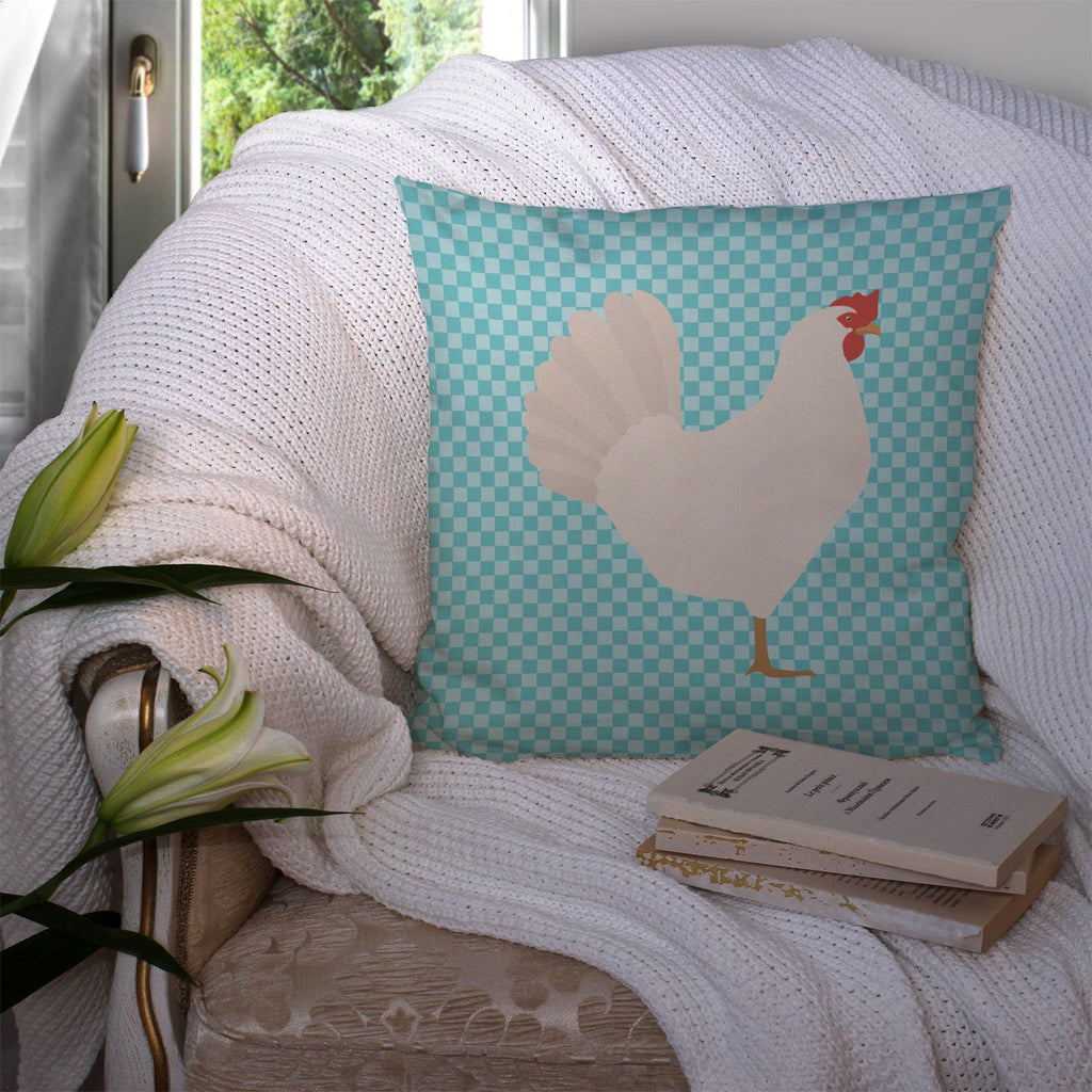 Leghorn Chicken Blue Check Decorative Throw Pillow 14x14 Indoor Outdoor Accent Cushion, Fabric Cover with Insert for Sofa, Bed, Porch & Living Room