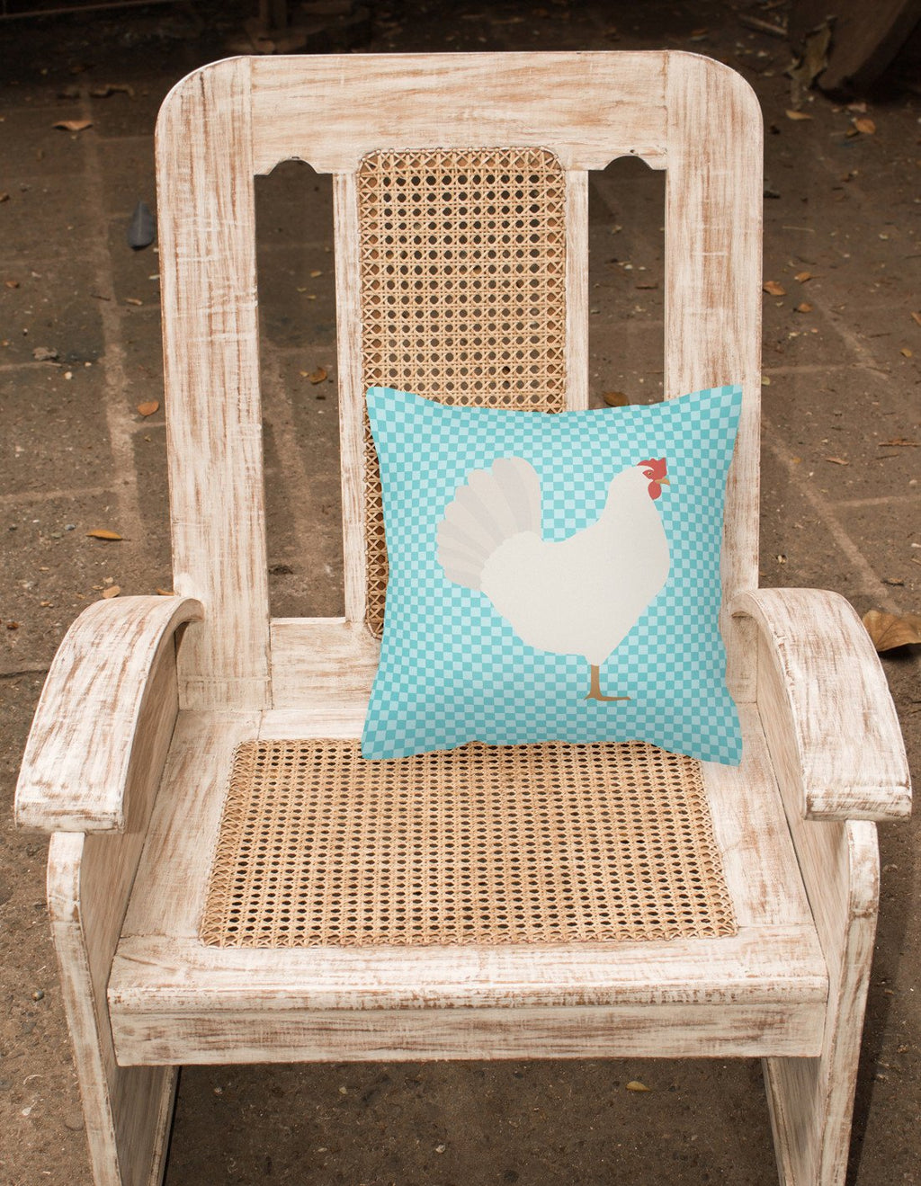 Leghorn Chicken Blue Check Decorative Throw Pillow 18x18 Indoor Outdoor Accent Cushion, Fabric Cover with Insert for Sofa, Bed, Porch & Living Room