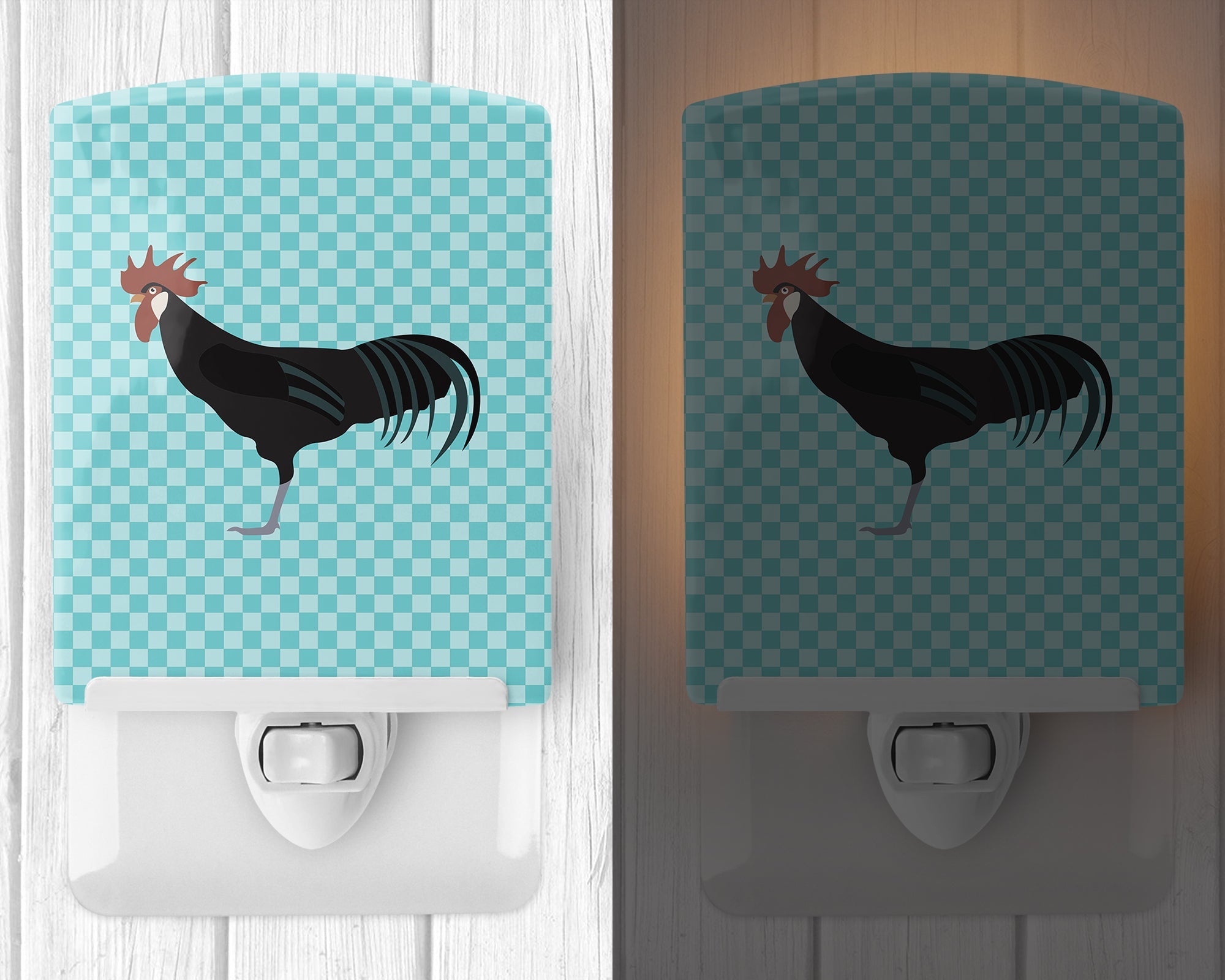 Minorca Ctalalan Chicken Blue Check Ceramic Night Light Compact, UL-Certified, Ideal for Bedroom, Bathroom, Nursery, Hallway, Kitchen, 6x4x3, Multicolor