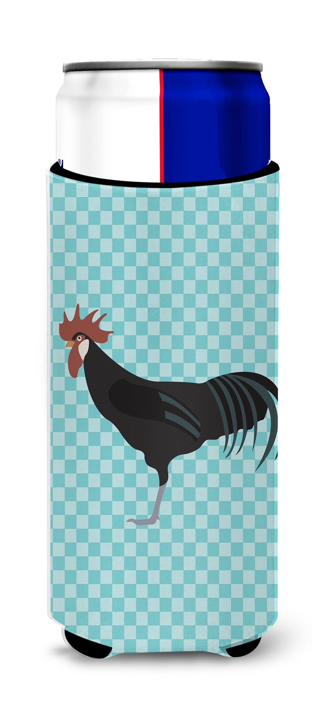 Minorca Ctalalan Chicken Blue Check Slim Can Hugger , Insulated Foam Hugger for 12 oz Slim Cans, Beer Bottles & Water Bottles, Printed in USA