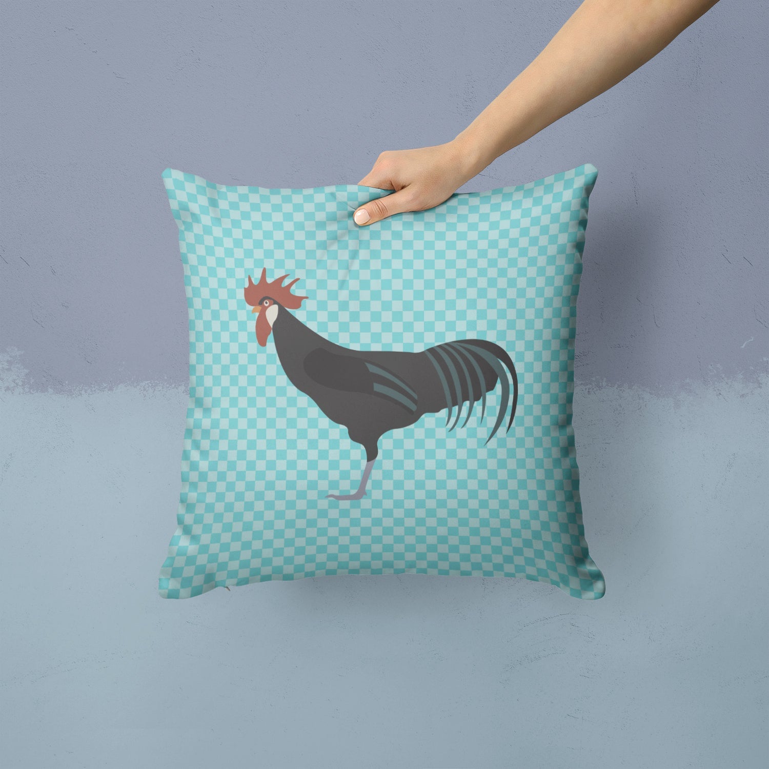 Minorca Ctalalan Chicken Blue Check Decorative Throw Pillow 14x14 Indoor Outdoor Accent Cushion, Fabric Cover with Insert for Sofa, Bed, Porch & Living Room