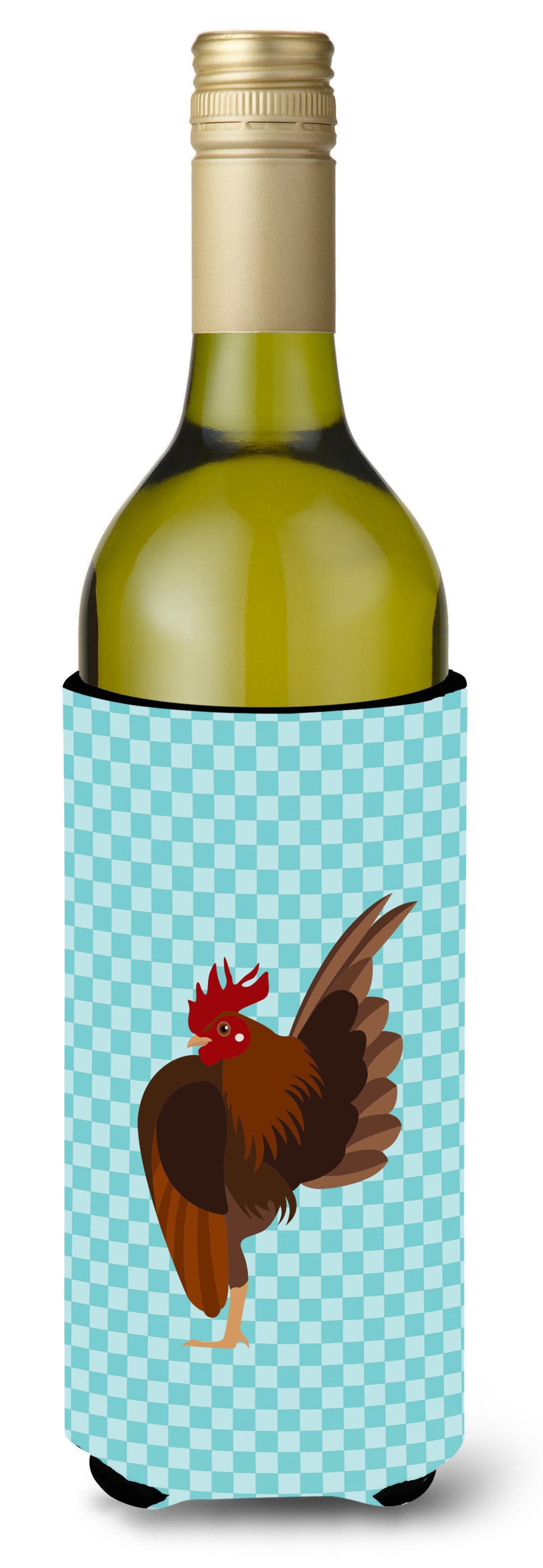 Malaysian Serama Chicken Blue Check Wine Bottle Hugger Gift Sleeve for Standard 750 ml Bottles, Insulated Reusable Also Fits Mini Shot & Pint Bottles