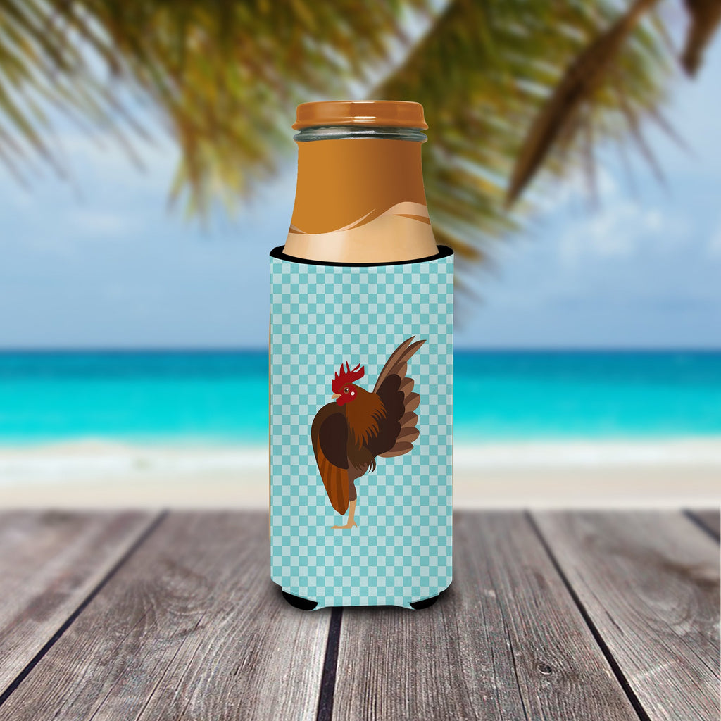 Malaysian Serama Chicken Blue Check Slim Can Hugger , Insulated Foam Hugger for 12 oz Slim Cans, Beer Bottles & Water Bottles, Printed in USA