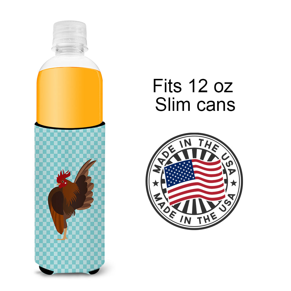 Malaysian Serama Chicken Blue Check Slim Can Hugger , Insulated Foam Hugger for 12 oz Slim Cans, Beer Bottles & Water Bottles, Printed in USA