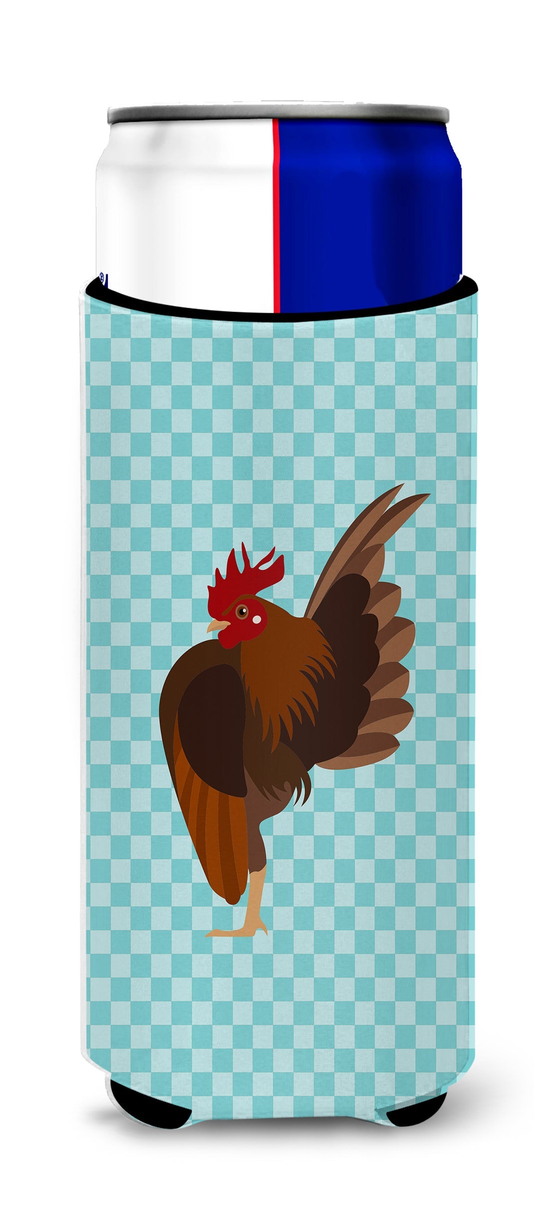 Malaysian Serama Chicken Blue Check Slim Can Hugger , Insulated Foam Hugger for 12 oz Slim Cans, Beer Bottles & Water Bottles, Printed in USA