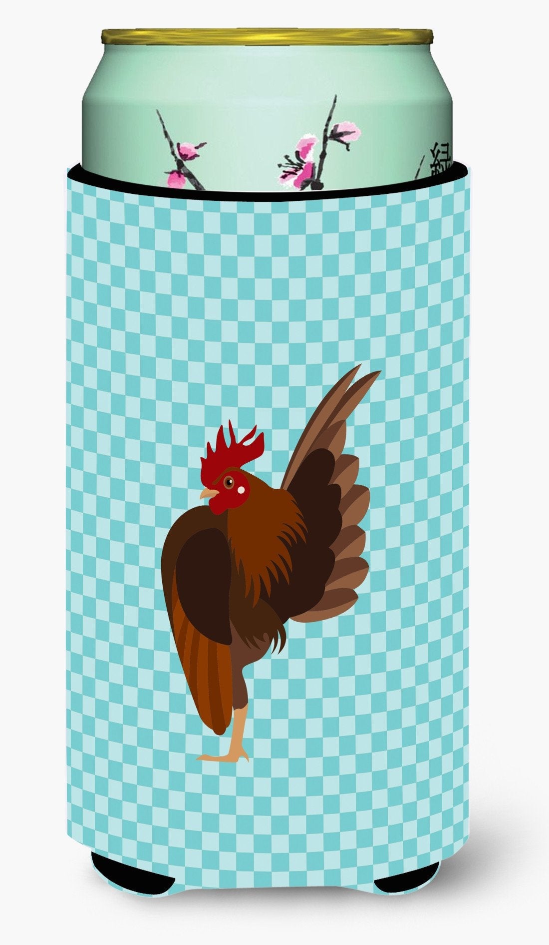 Malaysian Serama Chicken Blue Check Tall Boy Hugger Can Cooler Sleeve Machine Washable Drink Collapsible Insulator Beverage Insulated Holder