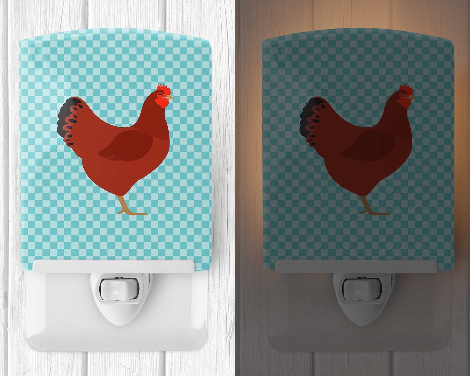 New Hampshire Red Chicken Blue Check Ceramic Night Light Compact, UL-Certified, Ideal for Bedroom, Bathroom, Nursery, Hallway, Kitchen, 6x4x3, Multicolor