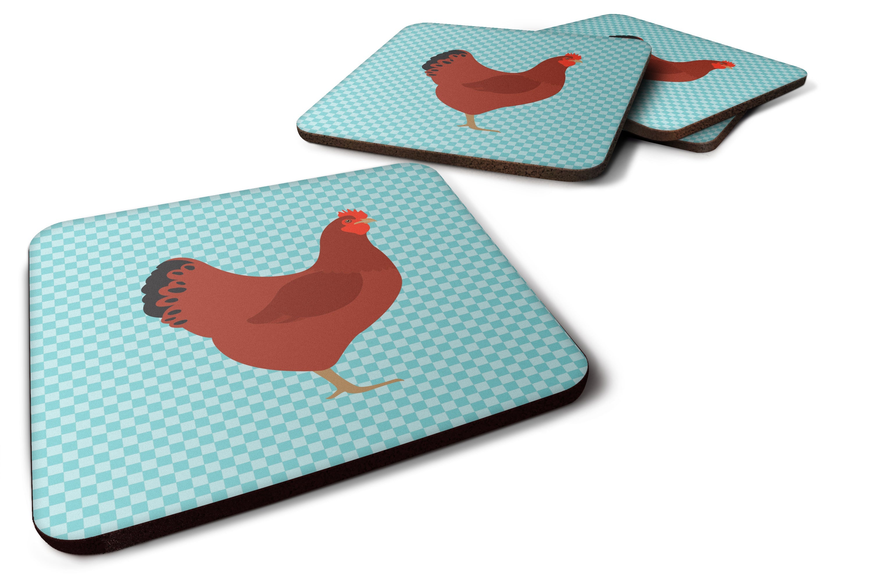New Hampshire Red Chicken Blue Check Foam Coasters Set of 4 Cup Coasters for Indoor Outdoor, Tabletop Protection, Anti Slip, Mouse pad Material
