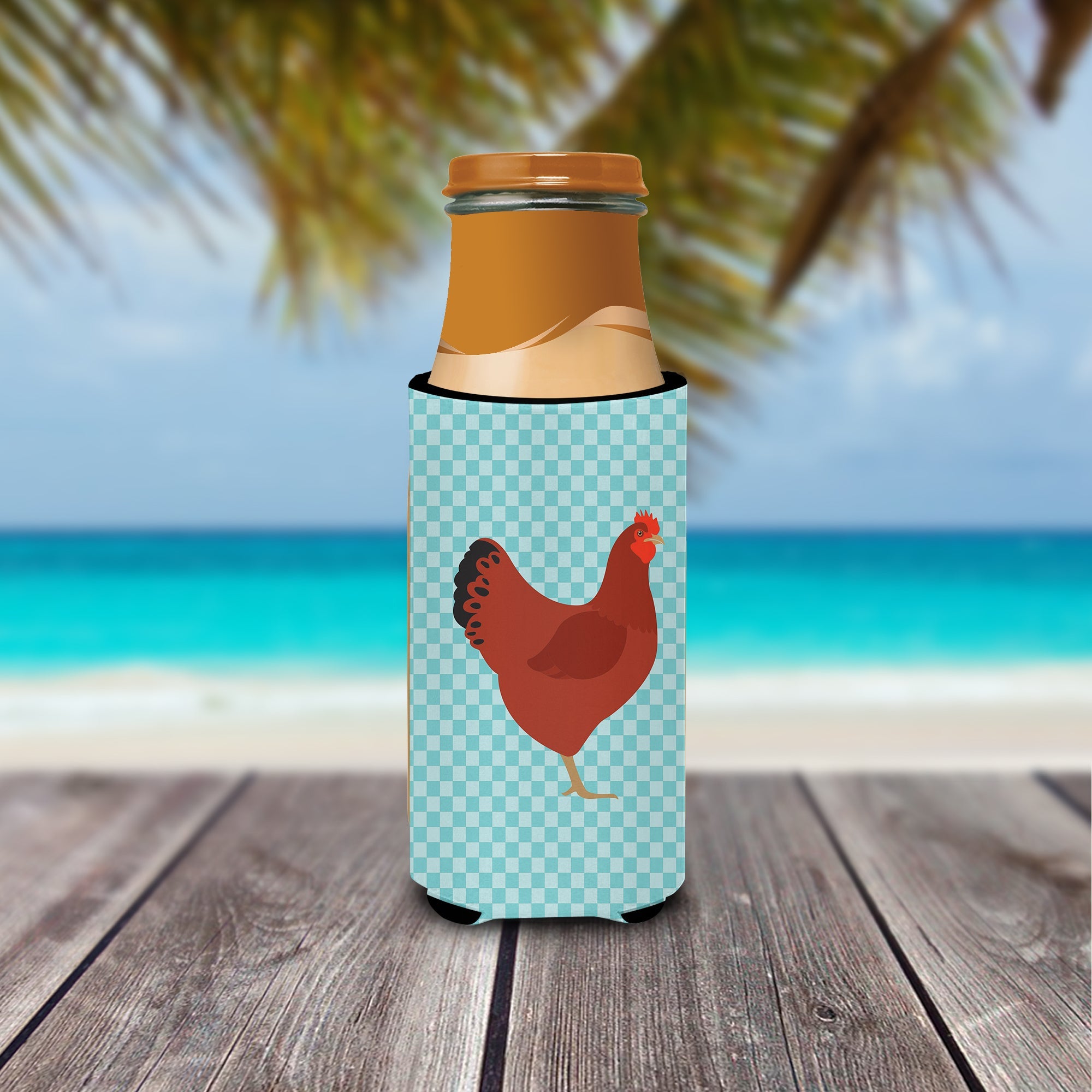 New Hampshire Red Chicken Blue Check Slim Can Hugger , Insulated Foam Hugger for 12 oz Slim Cans, Beer Bottles & Water Bottles, Printed in USA
