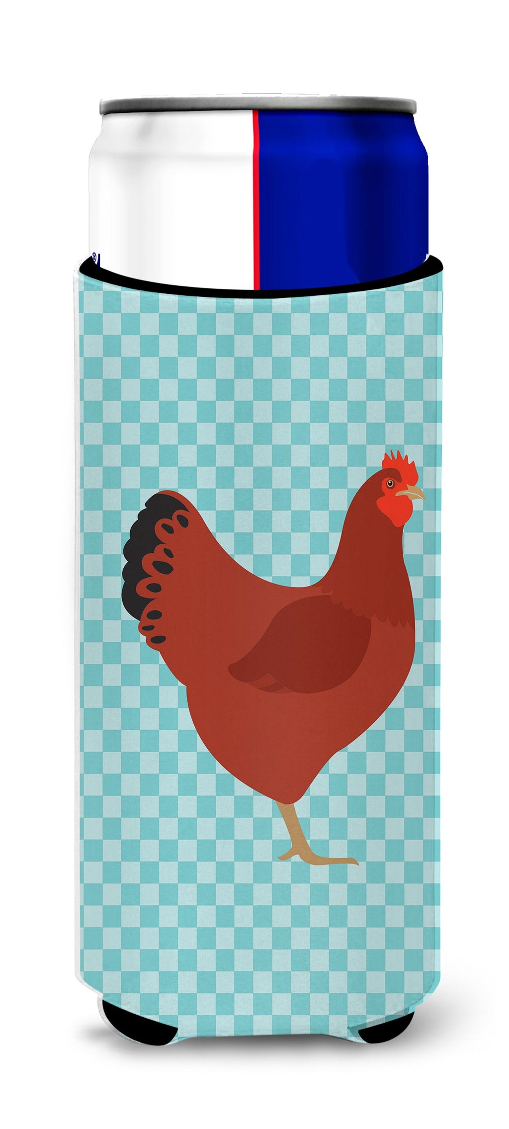New Hampshire Red Chicken Blue Check Slim Can Hugger , Insulated Foam Hugger for 12 oz Slim Cans, Beer Bottles & Water Bottles, Printed in USA