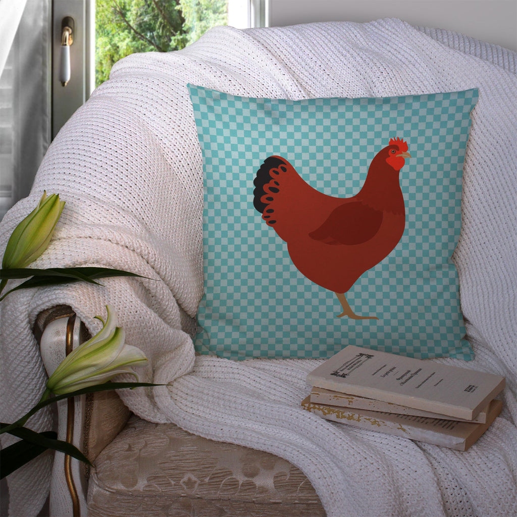 New Hampshire Red Chicken Blue Check Decorative Throw Pillow 14x14 Indoor Outdoor Accent Cushion, Fabric Cover with Insert for Sofa, Bed, Porch & Living Room