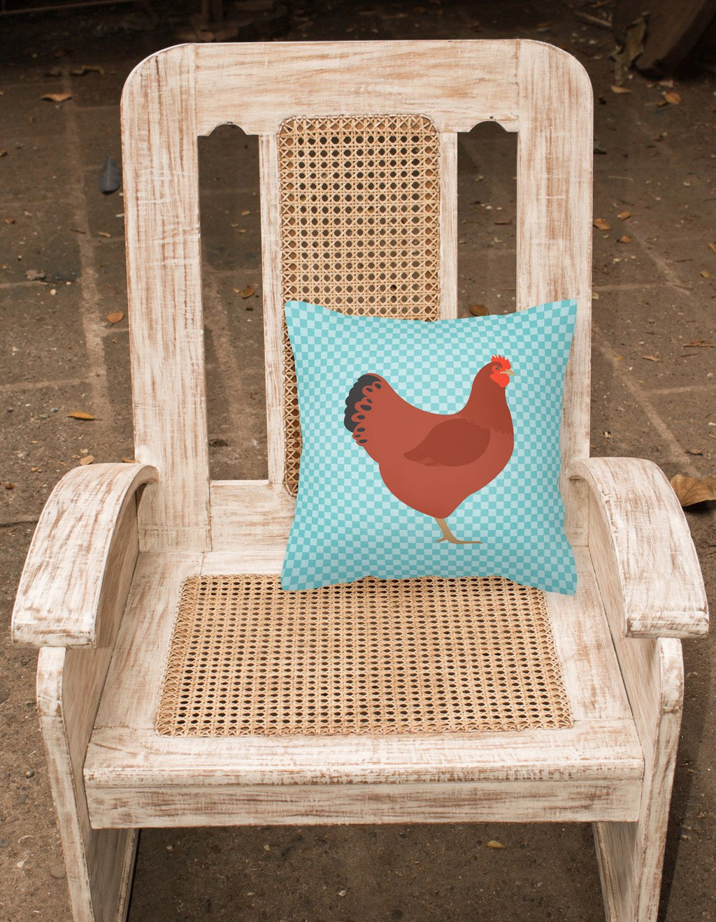 New Hampshire Red Chicken Blue Check Decorative Throw Pillow 18x18 Indoor Outdoor Accent Cushion, Fabric Cover with Insert for Sofa, Bed, Porch & Living Room