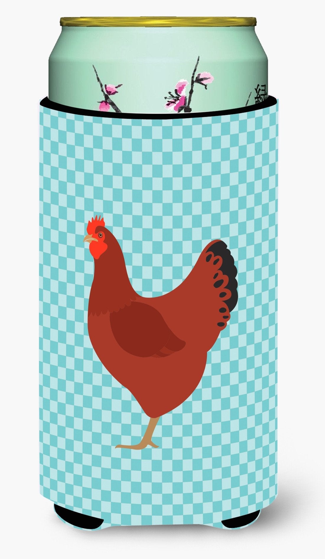 New Hampshire Red Chicken Blue Check Tall Boy Hugger Can Cooler Sleeve Machine Washable Drink Collapsible Insulator Beverage Insulated Holder