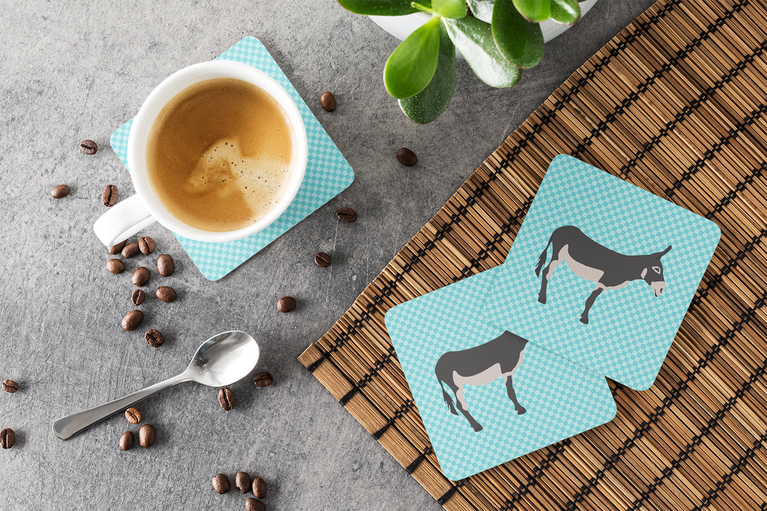 American Mammoth Jack Donkey Blue Check Foam Coasters Set of 4 Cup Coasters for Indoor Outdoor, Tabletop Protection, Anti Slip, Mouse pad Material