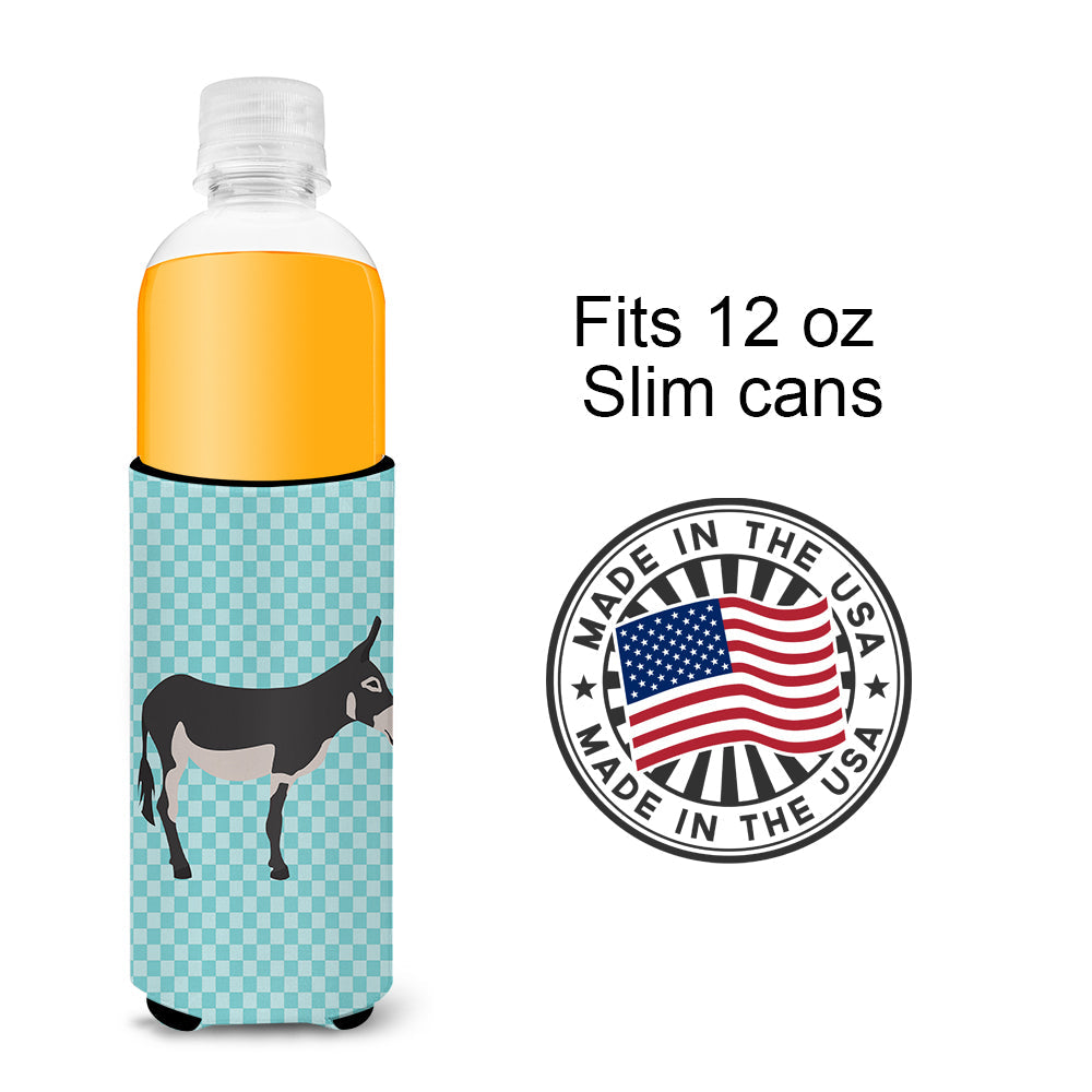 American Mammoth Jack Donkey Blue Check Slim Can Hugger , Insulated Foam Hugger for 12 oz Slim Cans, Beer Bottles & Water Bottles, Printed in USA