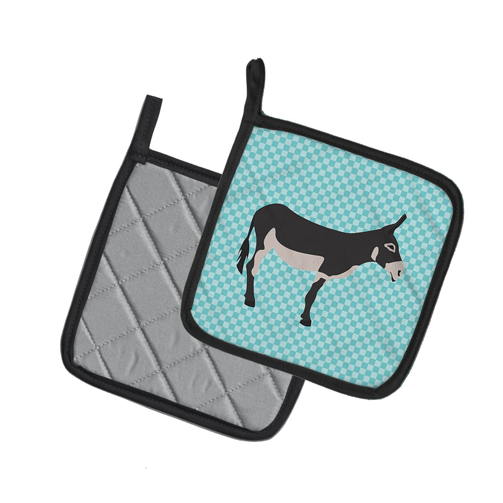 American Mammoth Jack Donkey Blue Check Pot Holder Set of 2 Heat Resistant Quilted Hot Pads 7.5 x 7.5 Inch, Insulated Kitchen Trivets for Cooking & Baking
