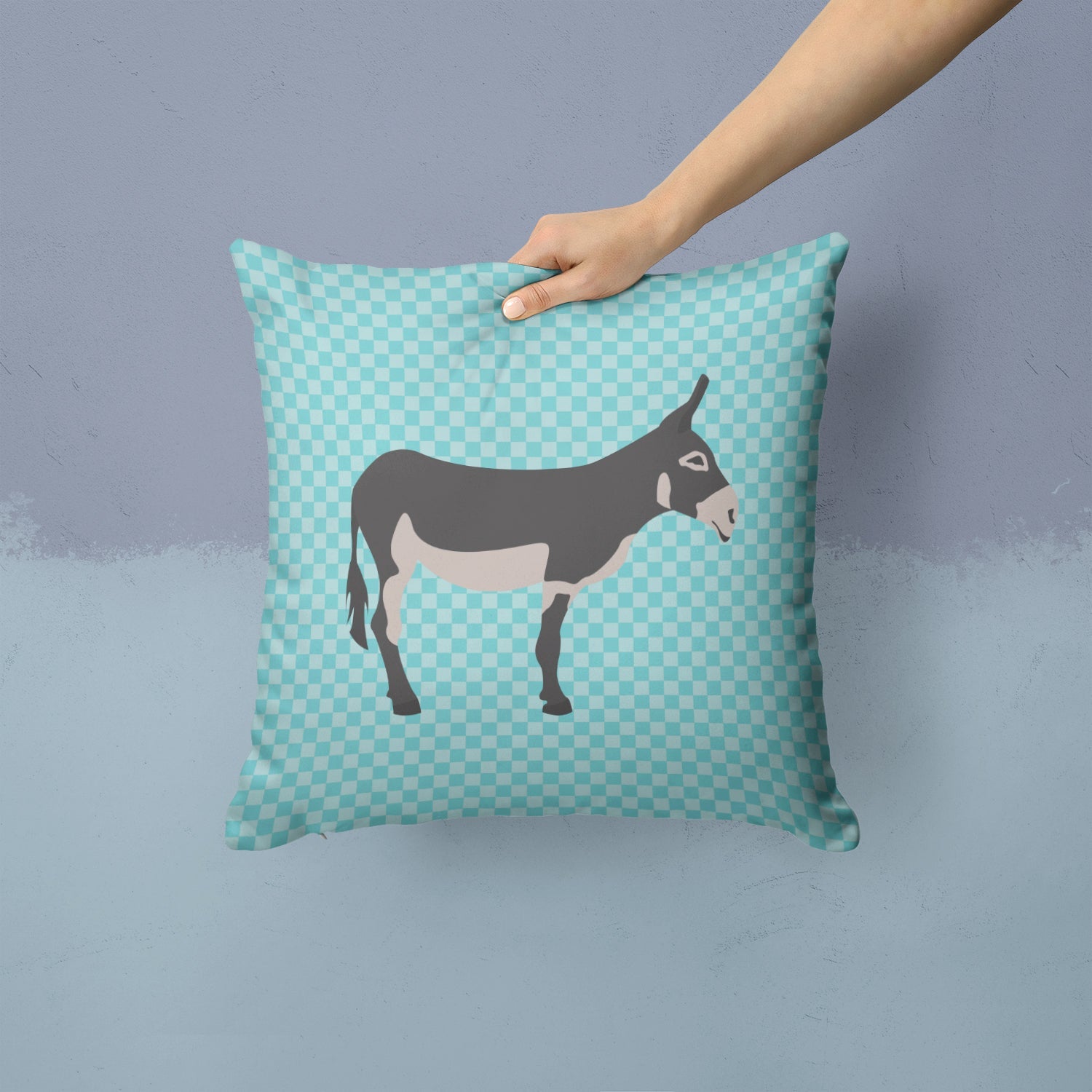 American Mammoth Jack Donkey Blue Check Decorative Throw Pillow 14x14 Indoor Outdoor Accent Cushion, Fabric Cover with Insert for Sofa, Bed, Porch & Living Room