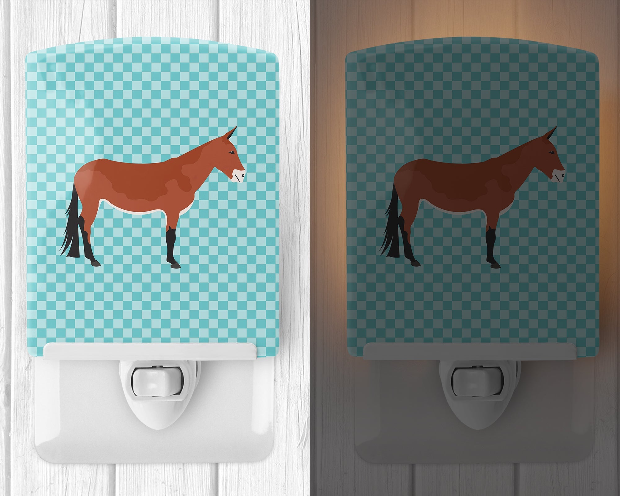 Mule Blue Check Ceramic Night Light Compact, UL-Certified, Ideal for Bedroom, Bathroom, Nursery, Hallway, Kitchen, 6x4x3, Multicolor