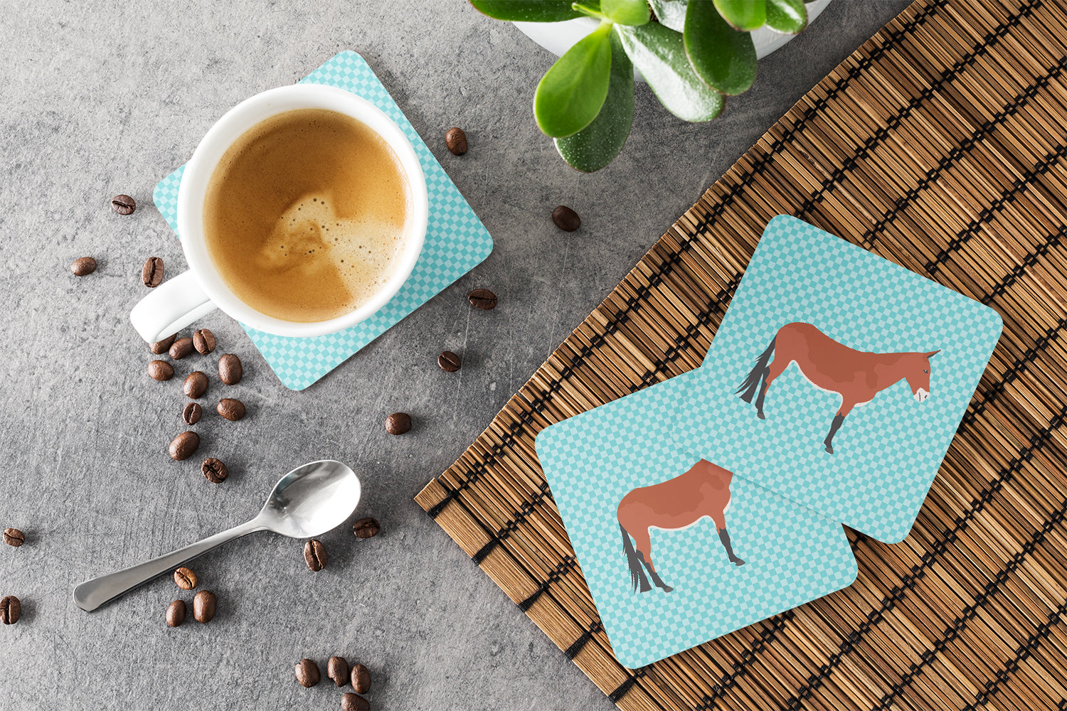 Mule Blue Check Foam Coasters Set of 4 Cup Coasters for Indoor Outdoor, Tabletop Protection, Anti Slip, Mouse pad Material