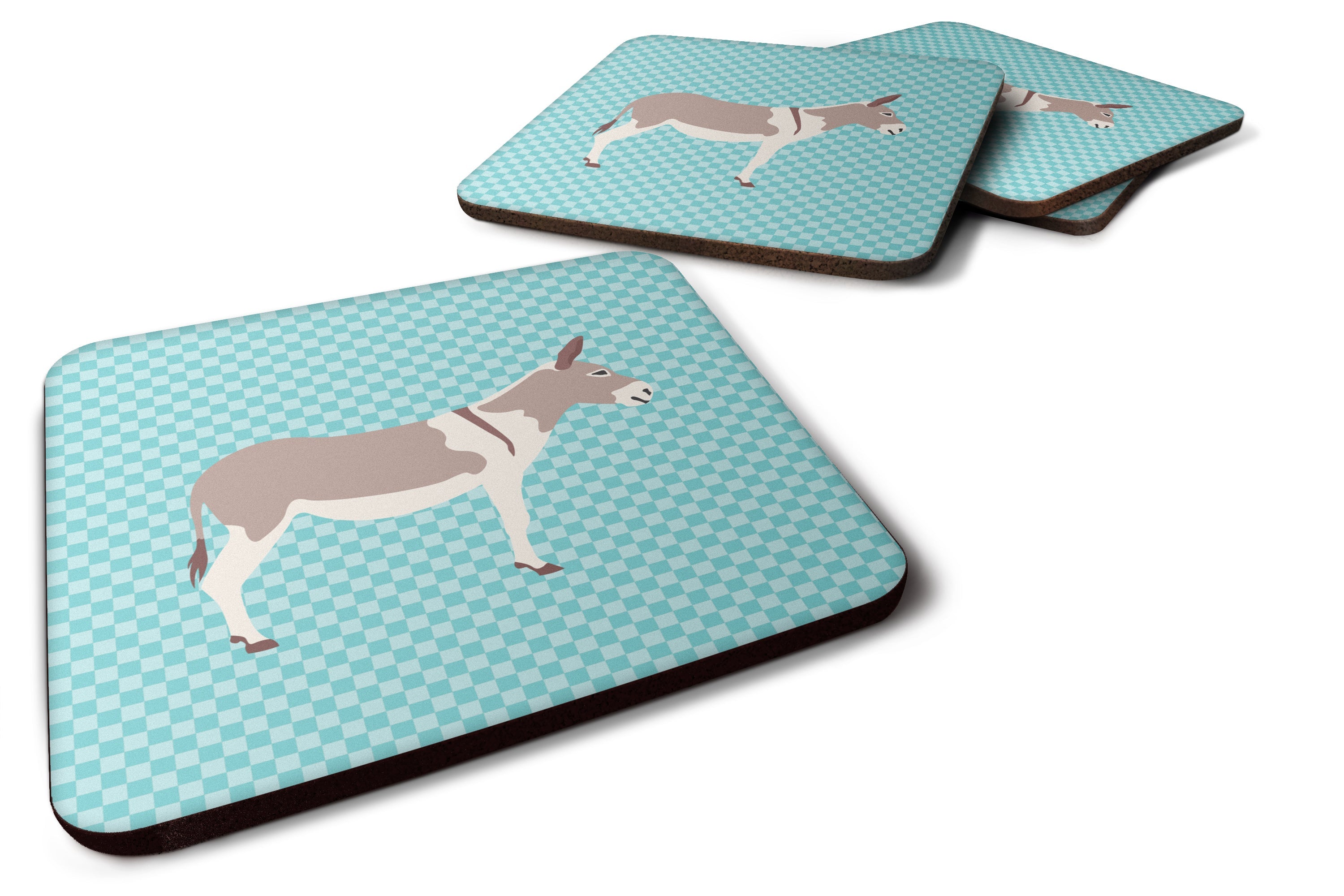 Australian Teamster Donkey Blue Check Foam Coasters Set of 4 Cup Coasters for Indoor Outdoor, Tabletop Protection, Anti Slip, Mouse pad Material